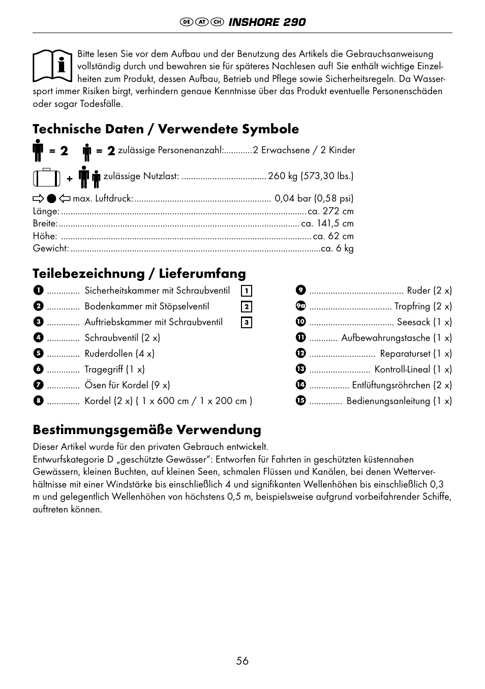 Technische daten / verwendete symbole, Teilebezeichnung / lieferumfang, Bestimmungsgemäße verwendung | Crivit 6-13 User Manual | Page 56 / 64