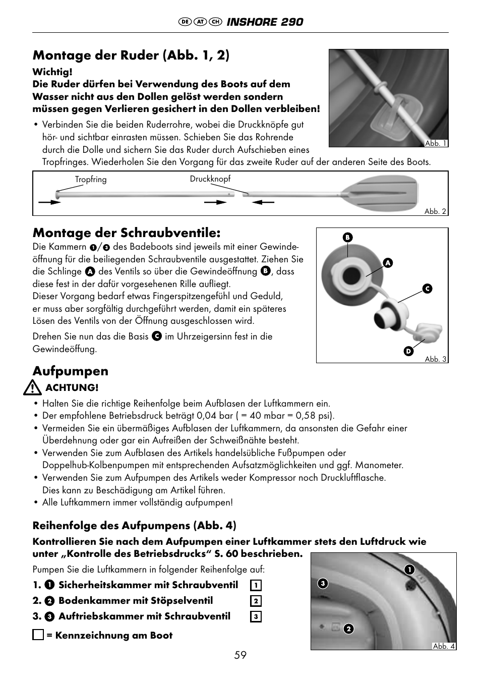 Montage der ruder (abb. 1, 2), Montage der schraubventile, Aufpumpen | Crivit 6-13 User Manual | Page 59 / 64