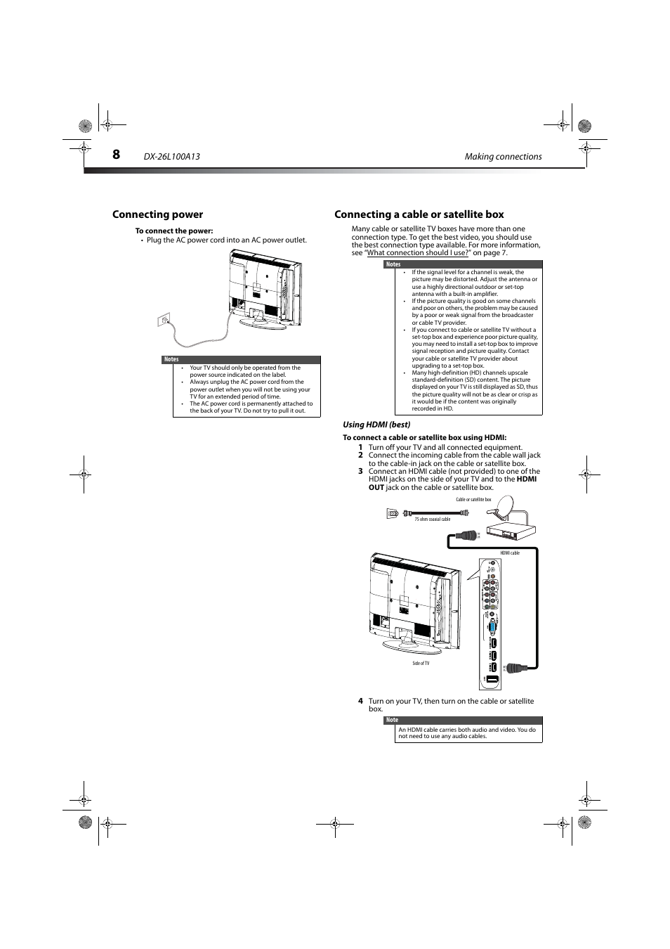 Connecting power, Connecting a cable or satellite box, Using hdmi (best) | Dynex DX-26L100A13 User Manual | Page 12 / 45