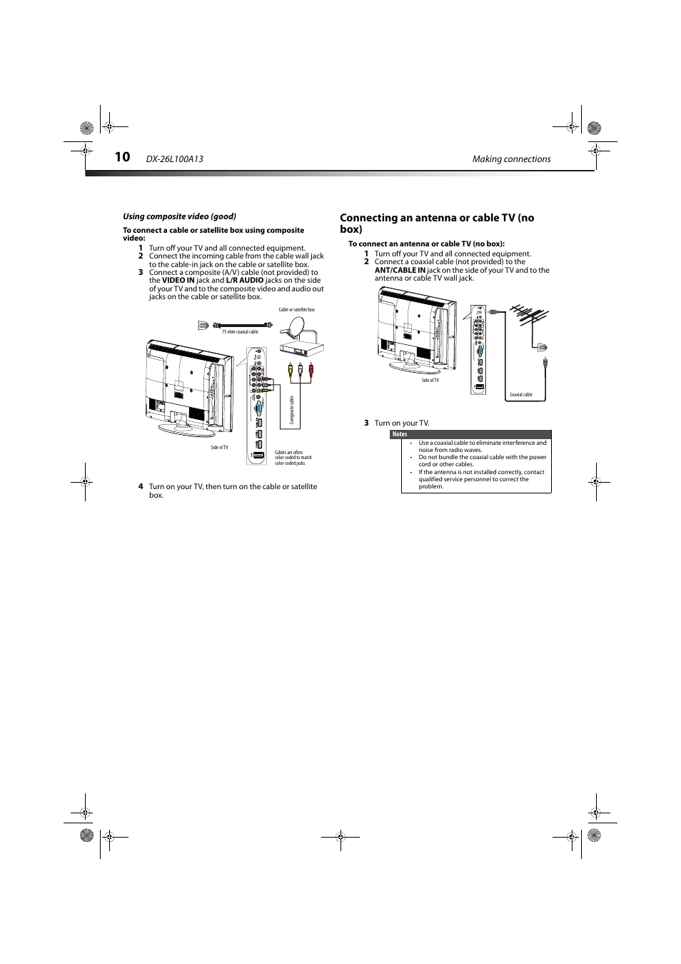 Using composite video (good), Connecting an antenna or cable tv (no box) | Dynex DX-26L100A13 User Manual | Page 14 / 45