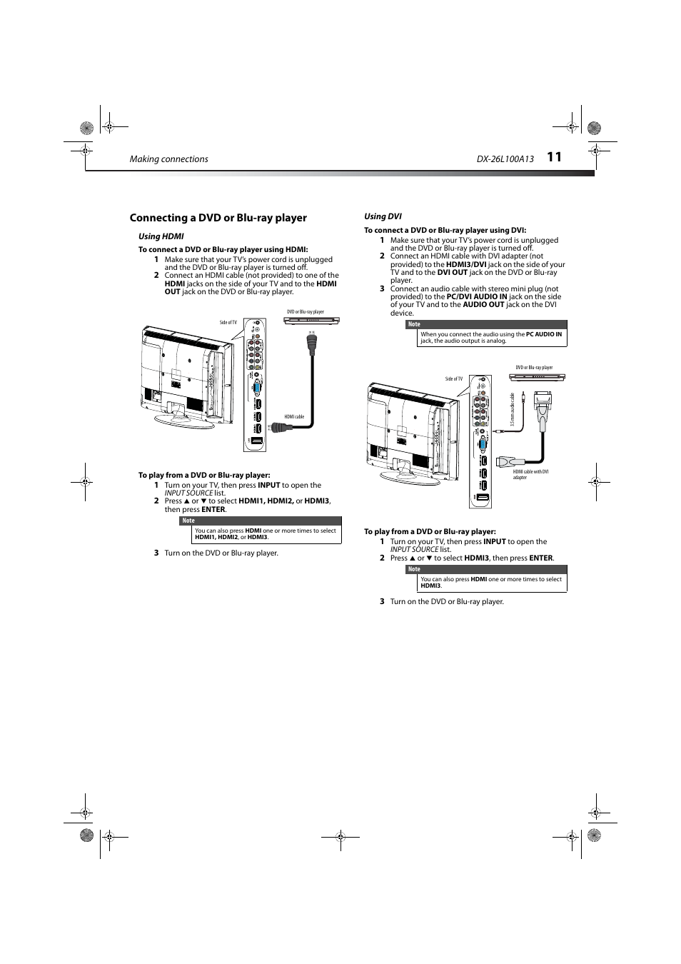 Connecting a dvd or blu-ray player, Using hdmi, Using dvi | Dynex DX-26L100A13 User Manual | Page 15 / 45