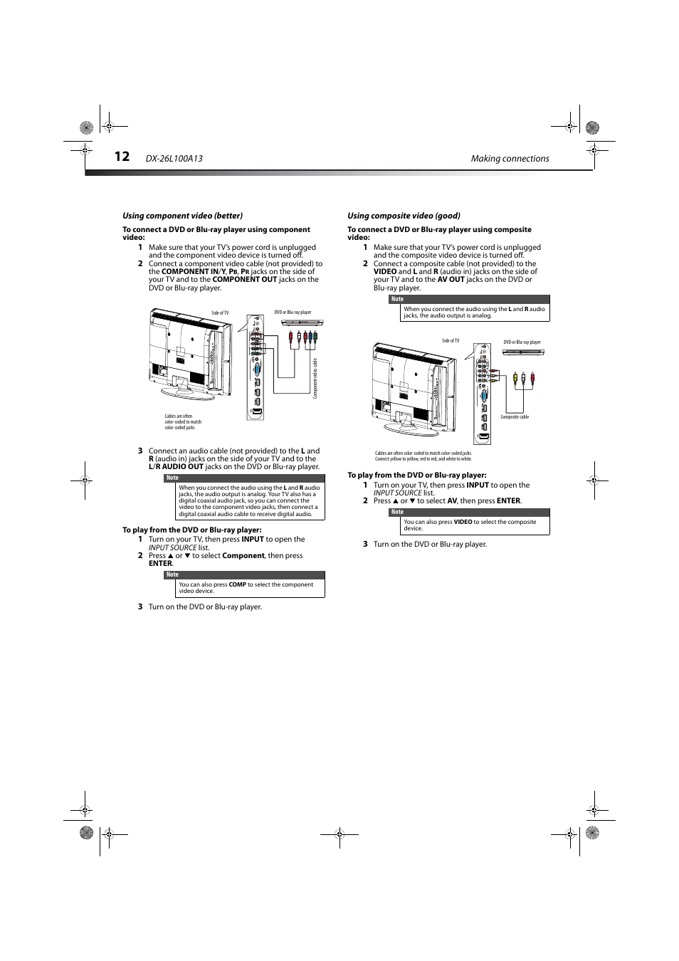 Using component video (better), Using composite video (good) | Dynex DX-26L100A13 User Manual | Page 16 / 45