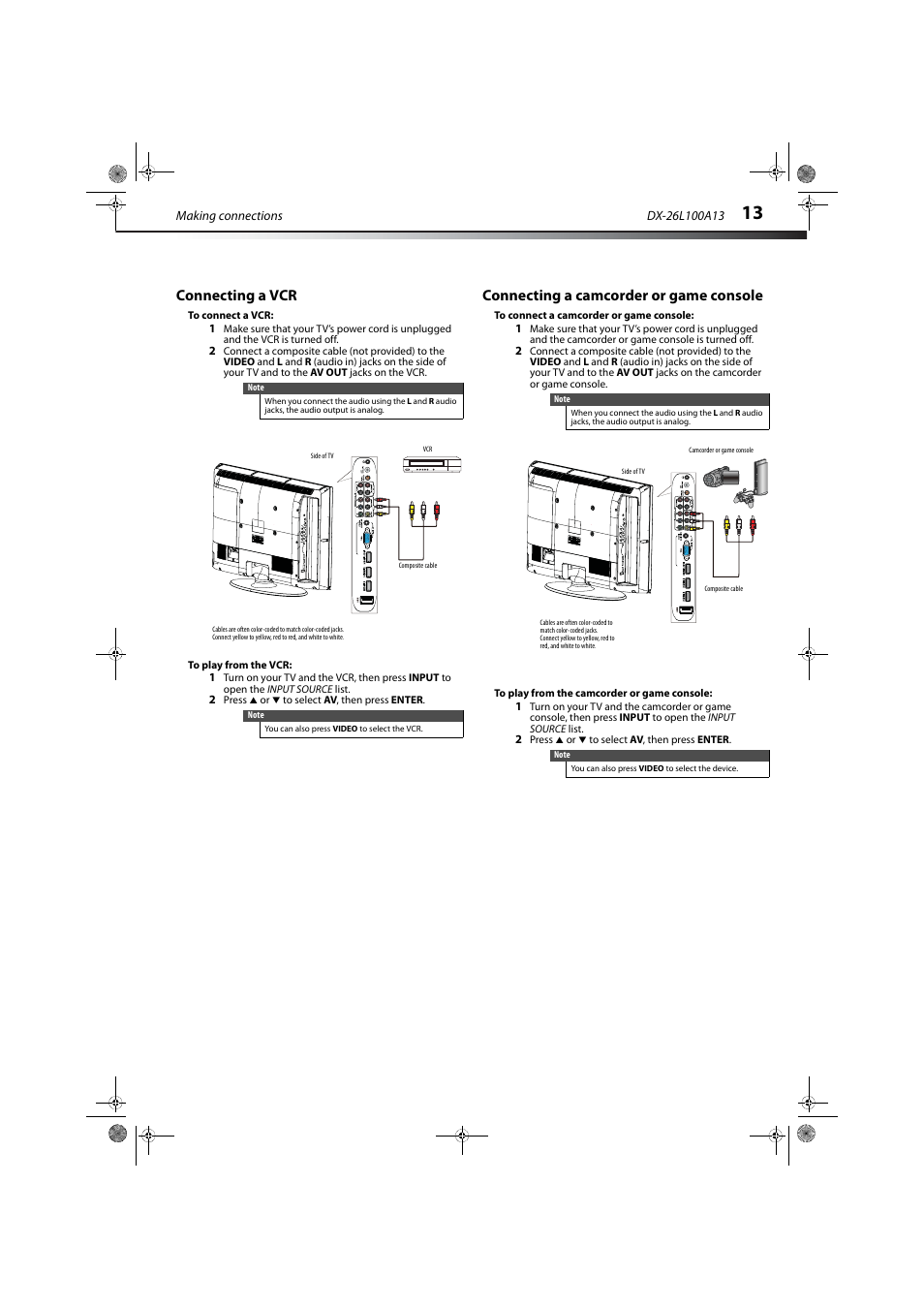 Connecting a vcr, Connecting a camcorder or game console | Dynex DX-26L100A13 User Manual | Page 17 / 45