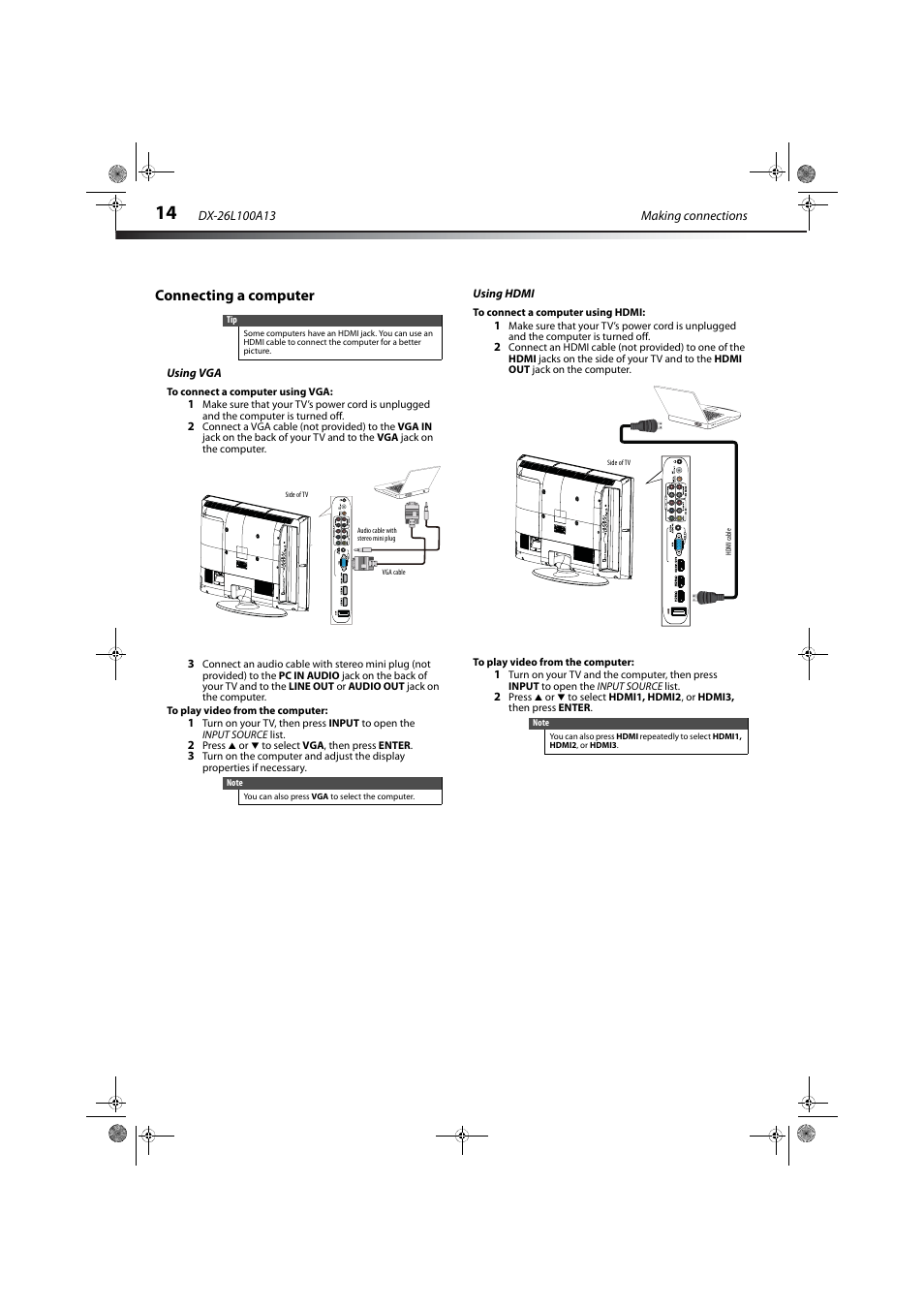 Connecting a computer, Using vga, Using hdmi | Connecting a computer” on, 14, or | Dynex DX-26L100A13 User Manual | Page 18 / 45