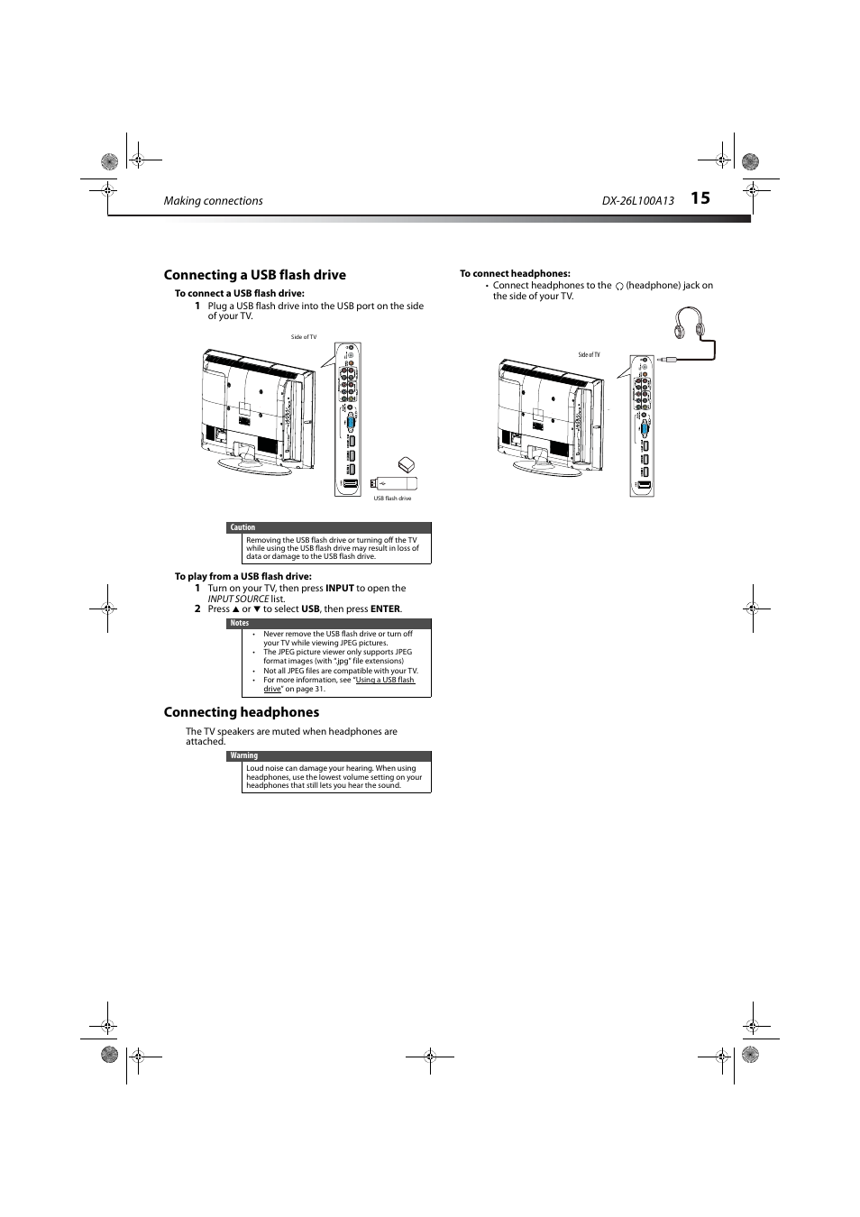 Connecting a usb flash drive, Connecting headphones, Connecting a usb flash drive connecting headphones | E “connecting headphones | Dynex DX-26L100A13 User Manual | Page 19 / 45