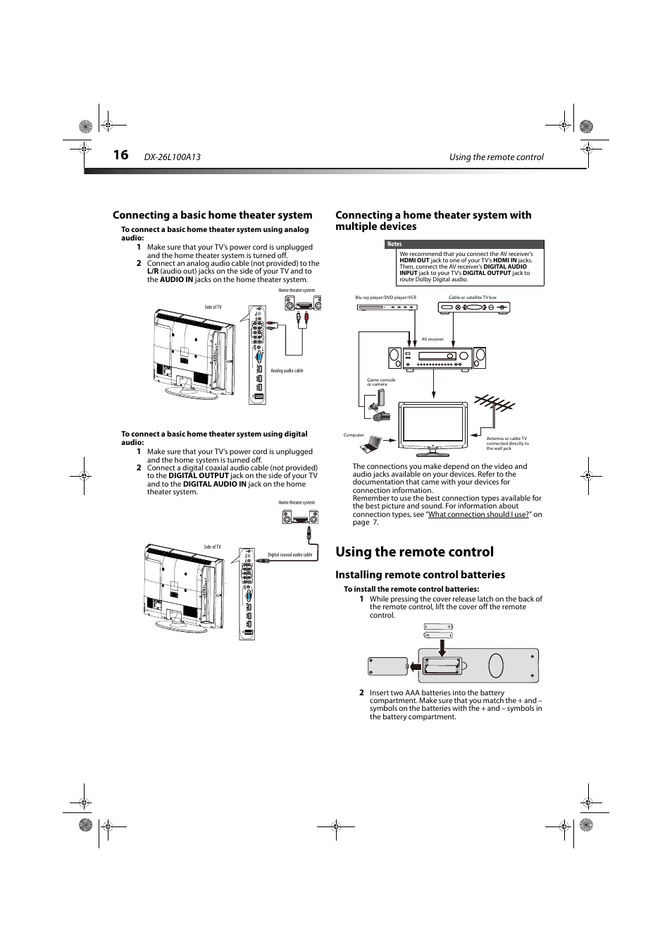 Connecting a basic home theater system, Using the remote control, Installing remote control batteries | Dynex DX-26L100A13 User Manual | Page 20 / 45