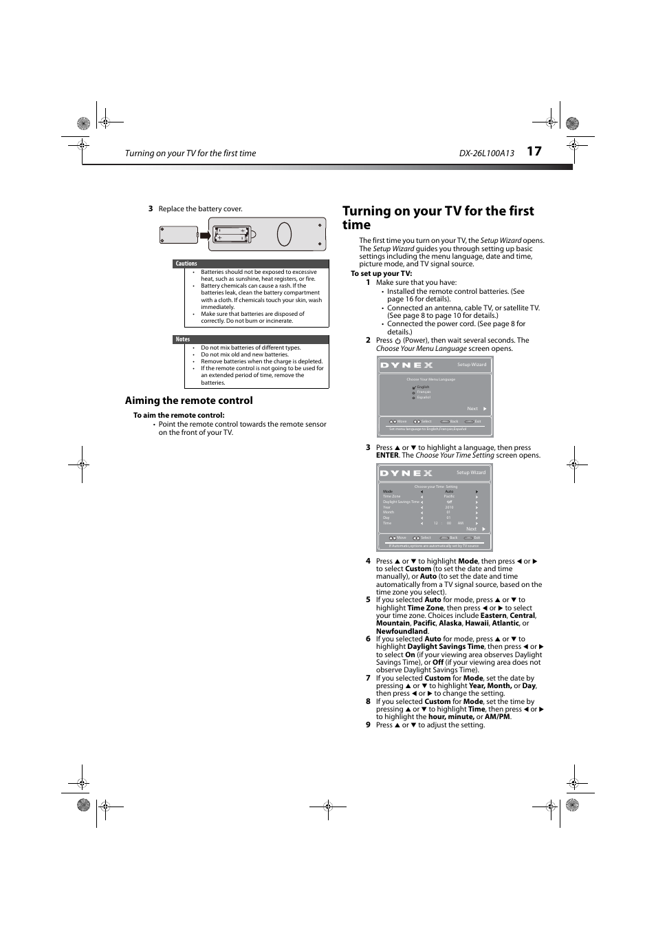 Aiming the remote control, Turning on your tv for the first time | Dynex DX-26L100A13 User Manual | Page 21 / 45