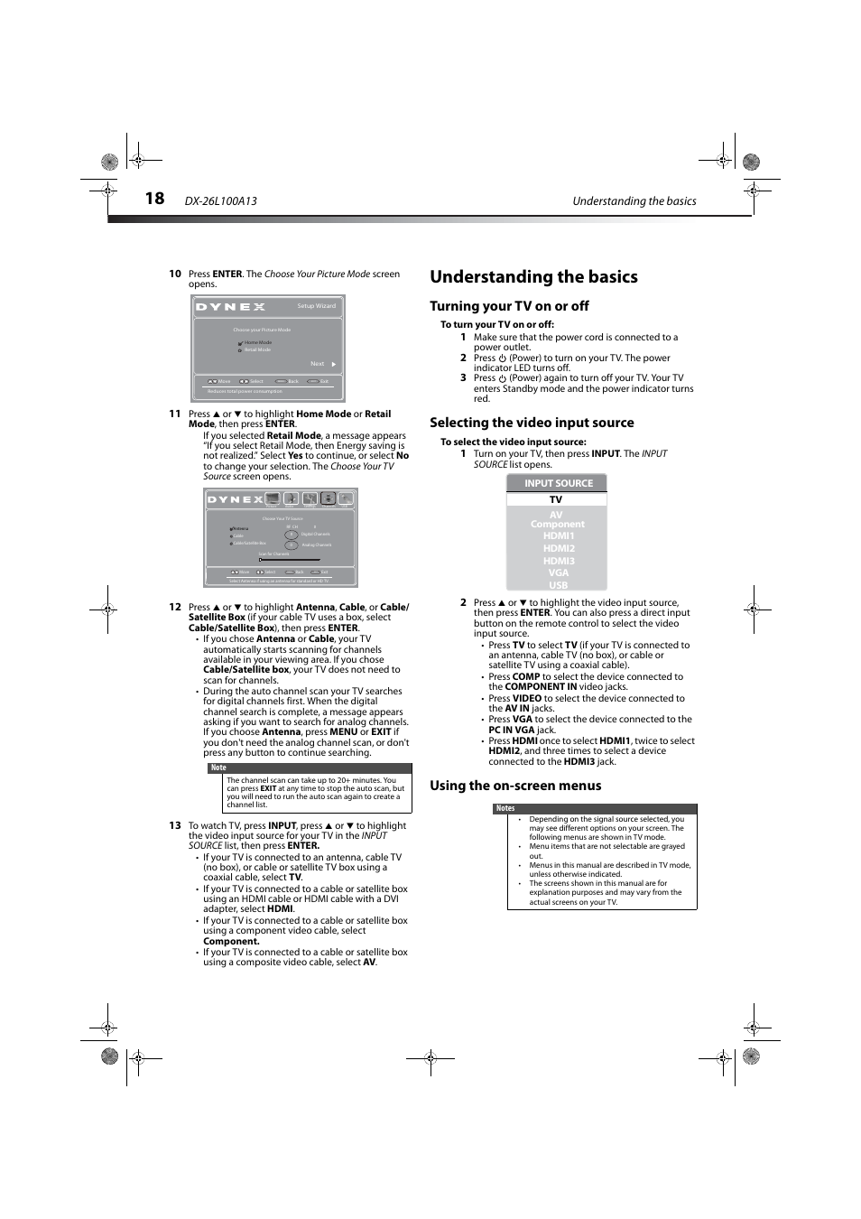 Understanding the basics, Turning your tv on or off, Selecting the video input source | Using the on-screen menus, See “turning your tv, On or off, Selecting the video input source” o | Dynex DX-26L100A13 User Manual | Page 22 / 45