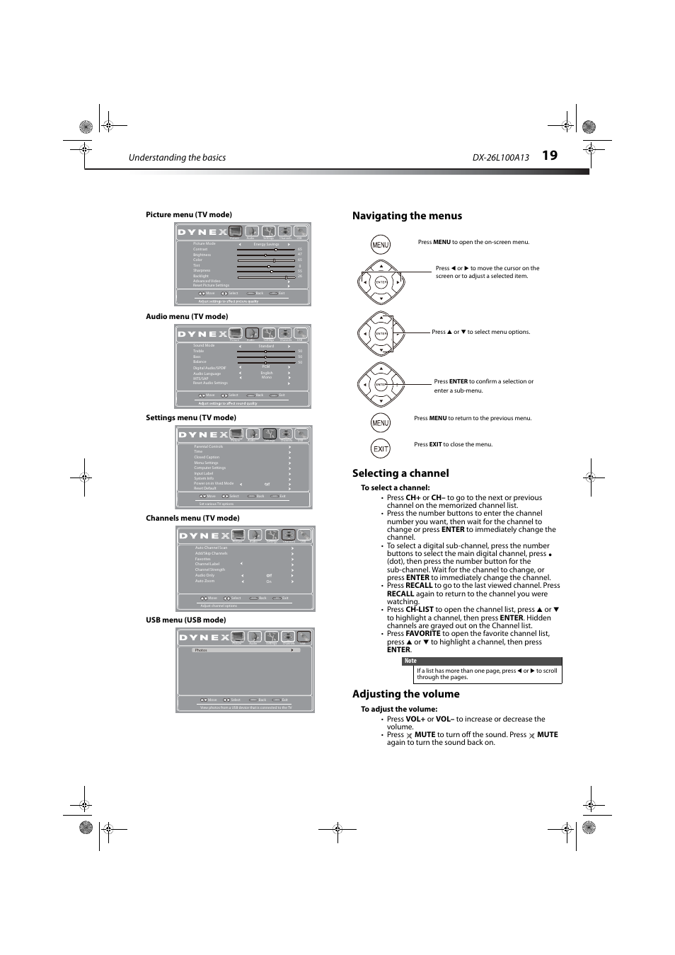 Navigating the menus, Selecting a channel, Adjusting the volume | Navigating the menus” on, Ge 19, Navigating the menus selecting a channel, Understanding the basics | Dynex DX-26L100A13 User Manual | Page 23 / 45