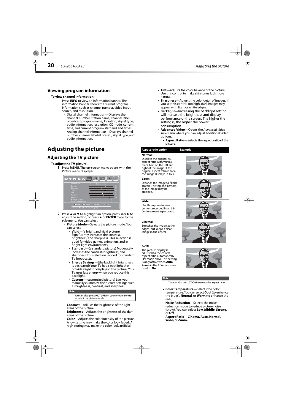 Viewing program information, Adjusting the picture, Adjusting the tv picture | Ge 20 | Dynex DX-26L100A13 User Manual | Page 24 / 45