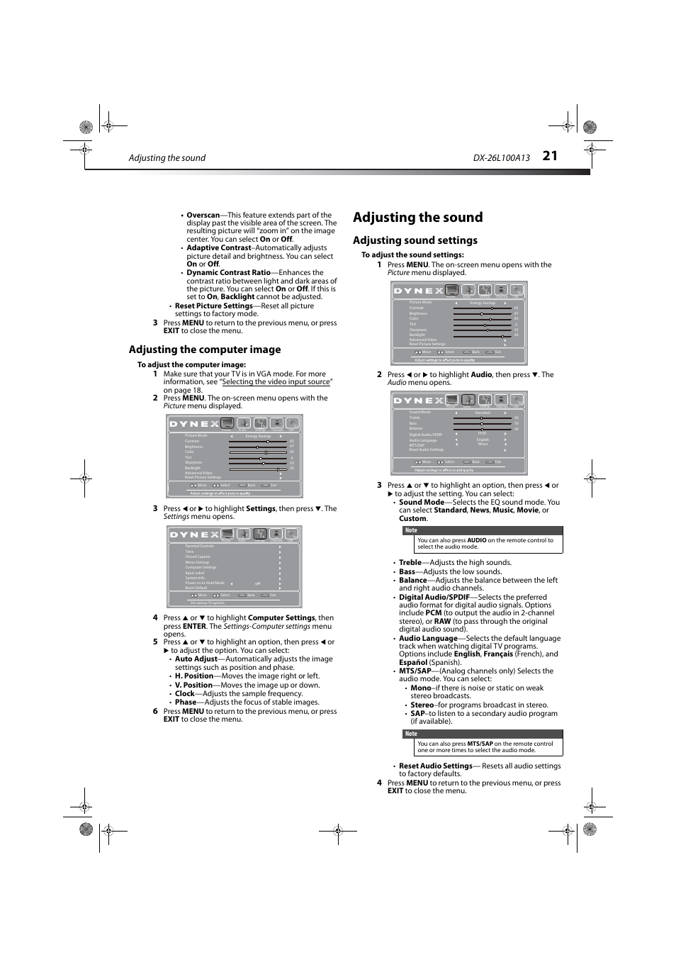 Adjusting the computer image, Adjusting the sound, Adjusting sound settings | Ge 21 | Dynex DX-26L100A13 User Manual | Page 25 / 45