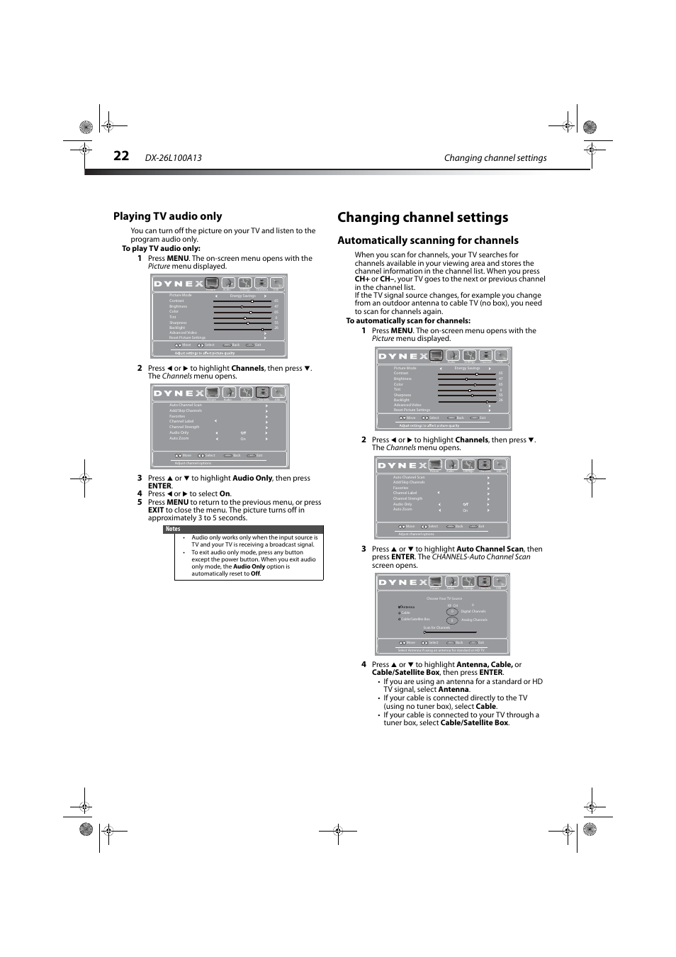 Playing tv audio only, Changing channel settings, Automatically scanning for channels | Press | Dynex DX-26L100A13 User Manual | Page 26 / 45