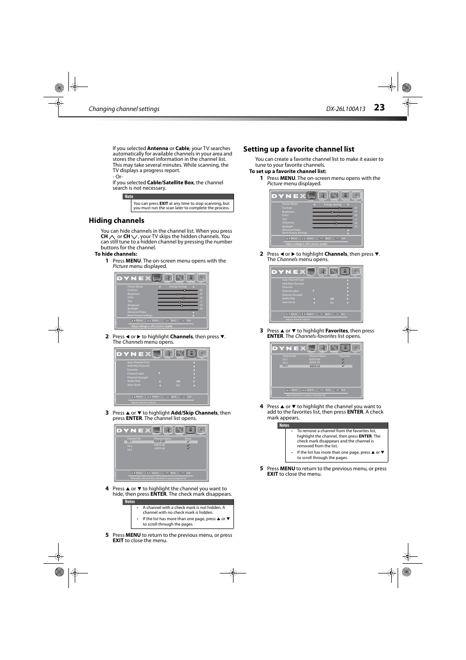 Hiding channels, Setting up a favorite channel list, Hiding channels setting up a favorite channel list | Ge 23 and, Changing channel settings | Dynex DX-26L100A13 User Manual | Page 27 / 45