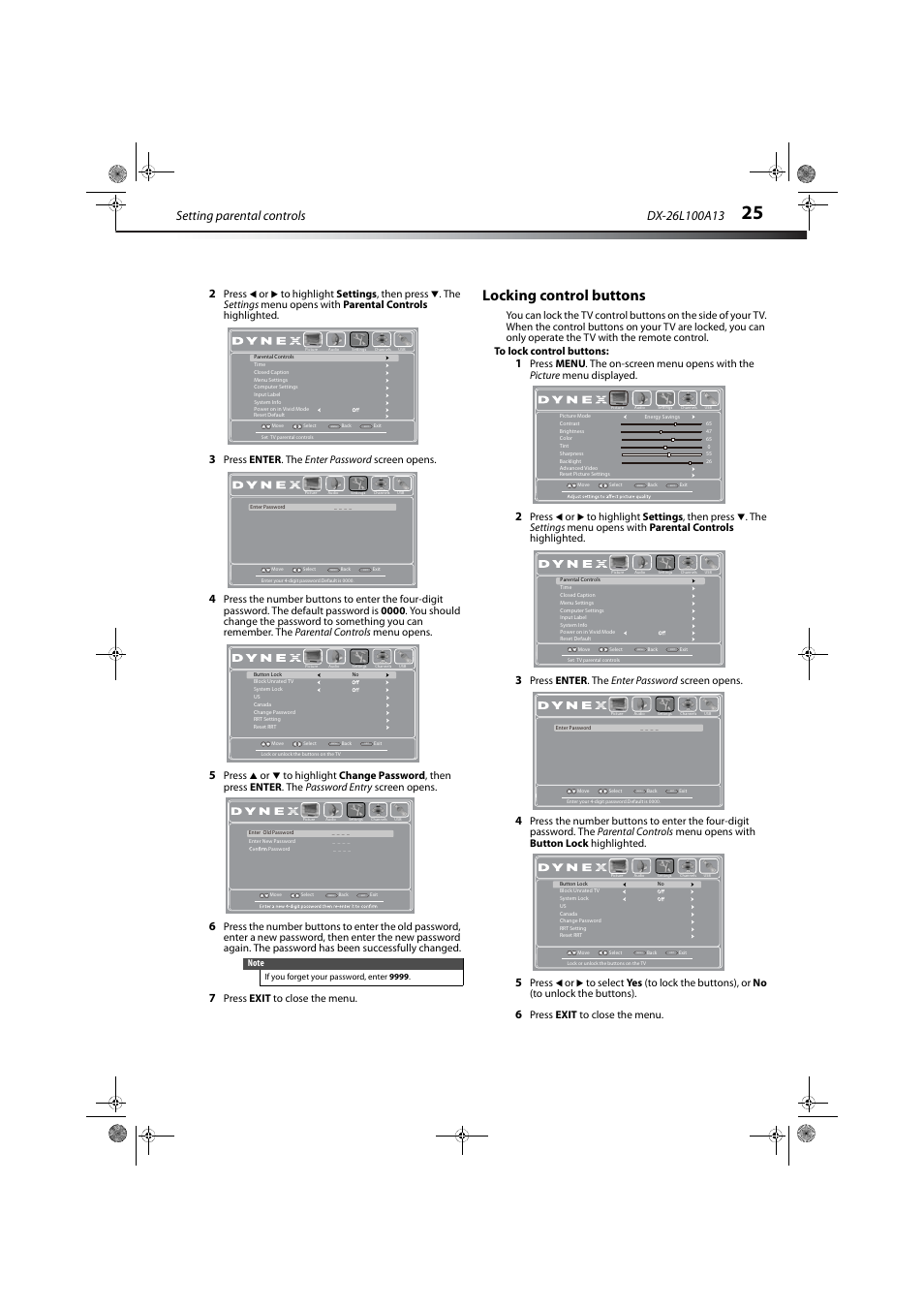 Locking control buttons, Setting parental controls, Press enter . the enter password screen opens | Press exit to close the menu, Press | Dynex DX-26L100A13 User Manual | Page 29 / 45