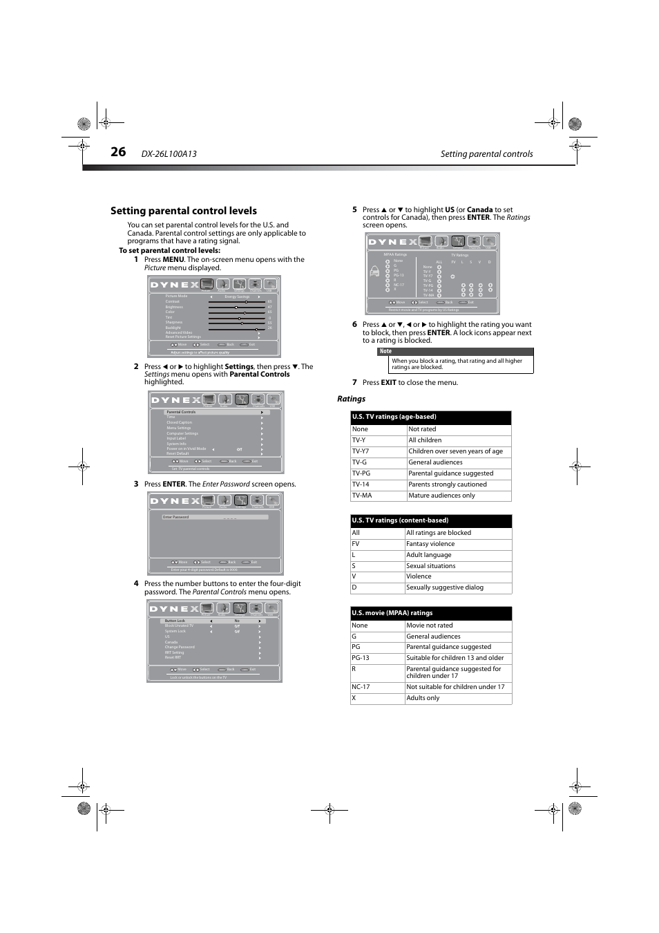 Setting parental control levels, Ratings, Press enter . the enter password screen opens | Press exit to close the menu | Dynex DX-26L100A13 User Manual | Page 30 / 45