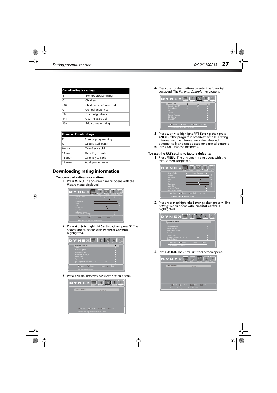 Downloading rating information, Setting parental controls, Press enter . the enter password screen opens | Dynex DX-26L100A13 User Manual | Page 31 / 45