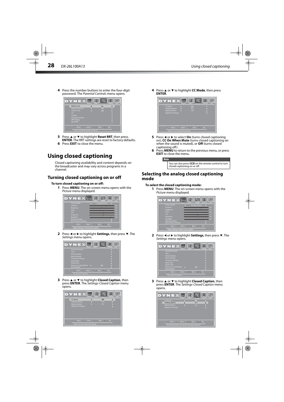 Using closed captioning, Turning closed captioning on or off, Selecting the analog closed captioning mode | Ge 28, Press exit to close the menu, Press or to highlight cc mode , then press enter | Dynex DX-26L100A13 User Manual | Page 32 / 45