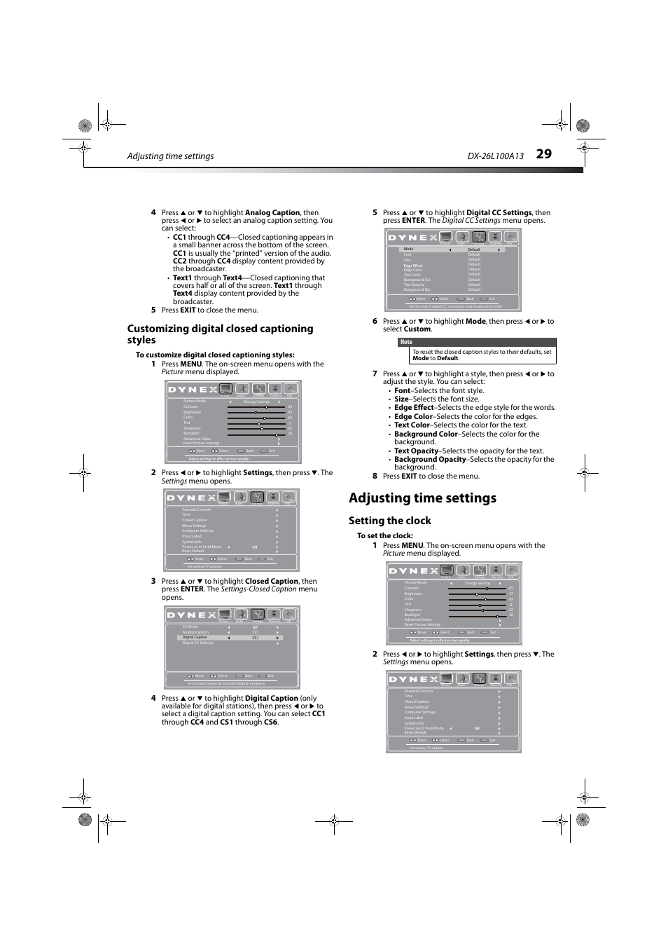 Customizing digital closed captioning styles, Adjusting time settings, Setting the clock | Press exit to close the menu | Dynex DX-26L100A13 User Manual | Page 33 / 45