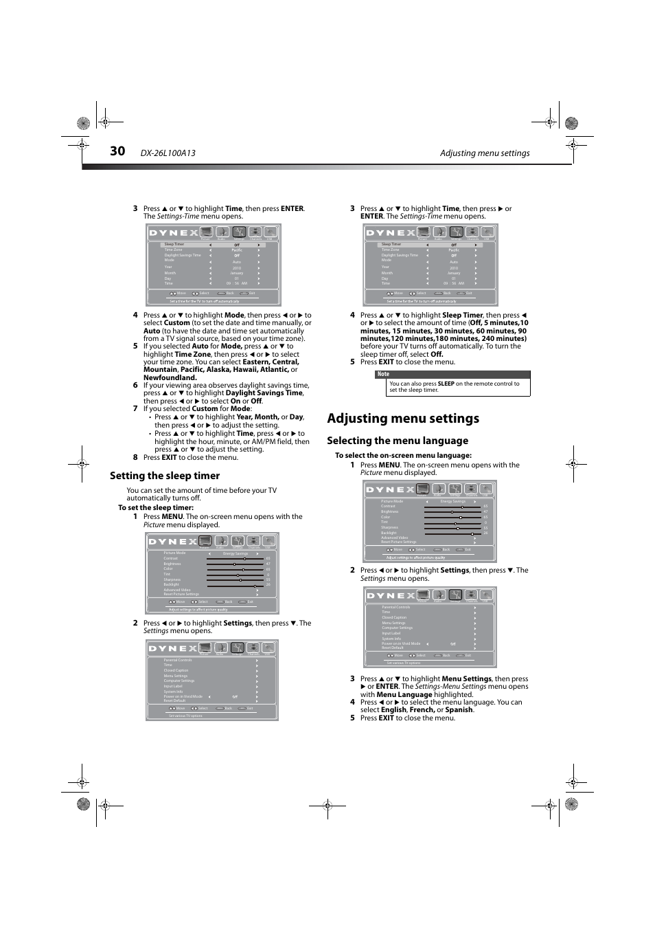 Setting the sleep timer, Adjusting menu settings, Selecting the menu language | Setting the sleep timer” on, Press exit to close the menu, Press or to highlight time , then press or, Enter . the settings-time menu opens | Dynex DX-26L100A13 User Manual | Page 34 / 45