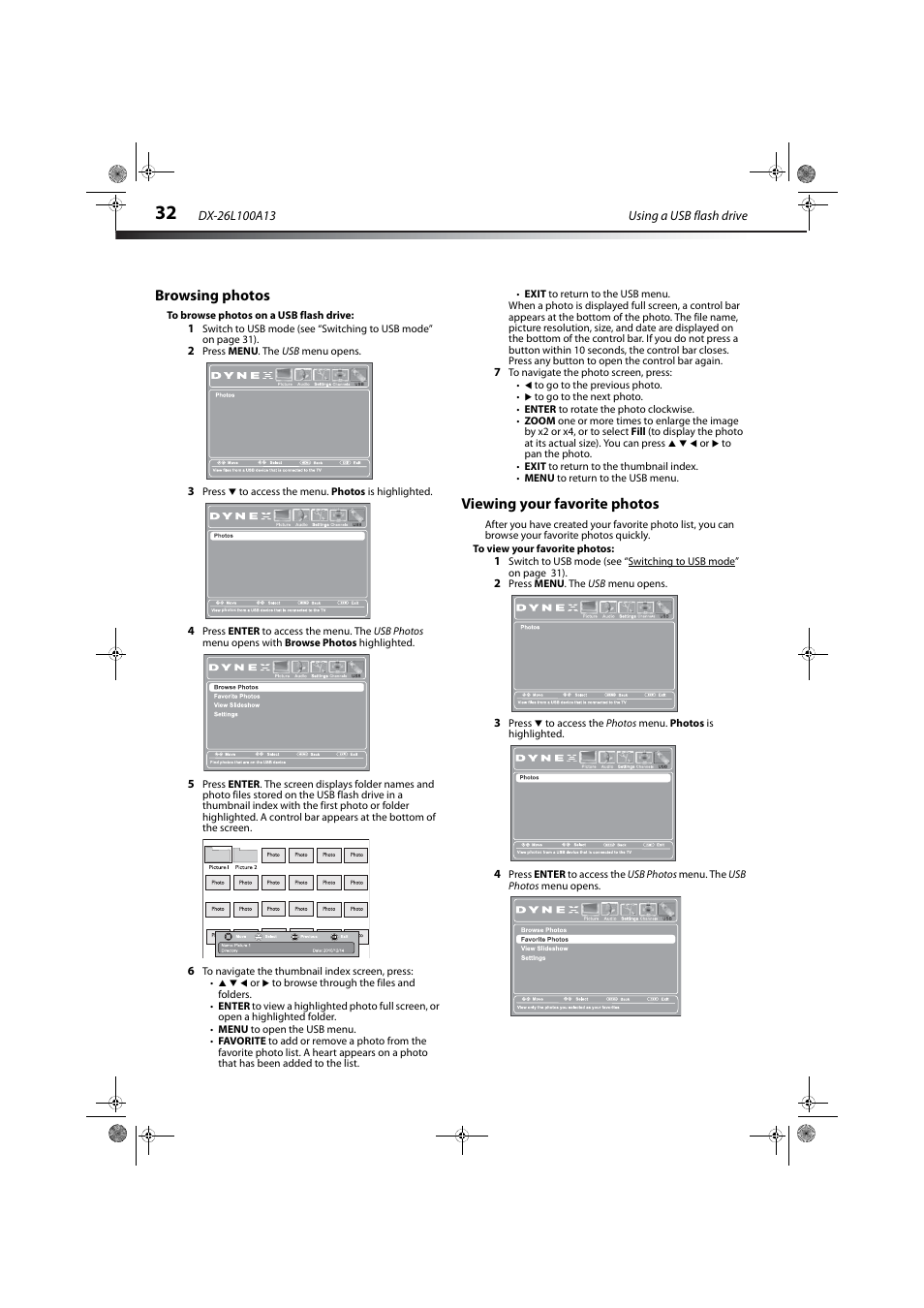 Browsing photos, Viewing your favorite photos, Browsing photos viewing your favorite photos | Dynex DX-26L100A13 User Manual | Page 36 / 45