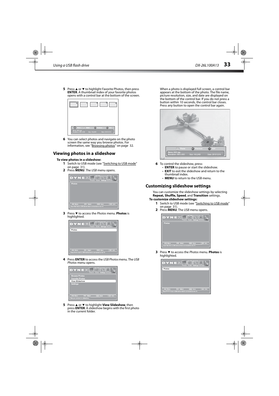 Viewing photos in a slideshow, Customizing slideshow settings | Dynex DX-26L100A13 User Manual | Page 37 / 45