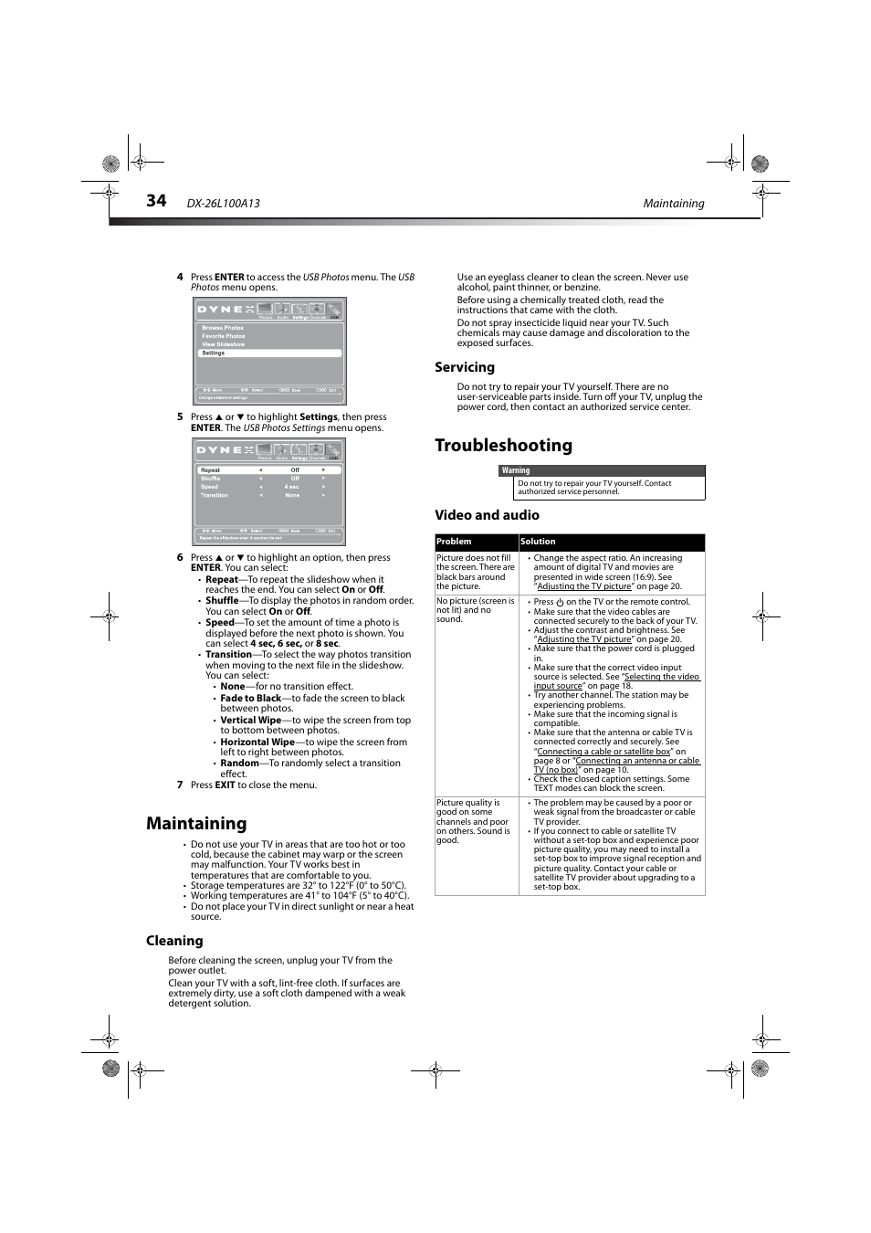 Maintaining, Cleaning, Servicing | Troubleshooting, Video and audio, Cleaning servicing | Dynex DX-26L100A13 User Manual | Page 38 / 45