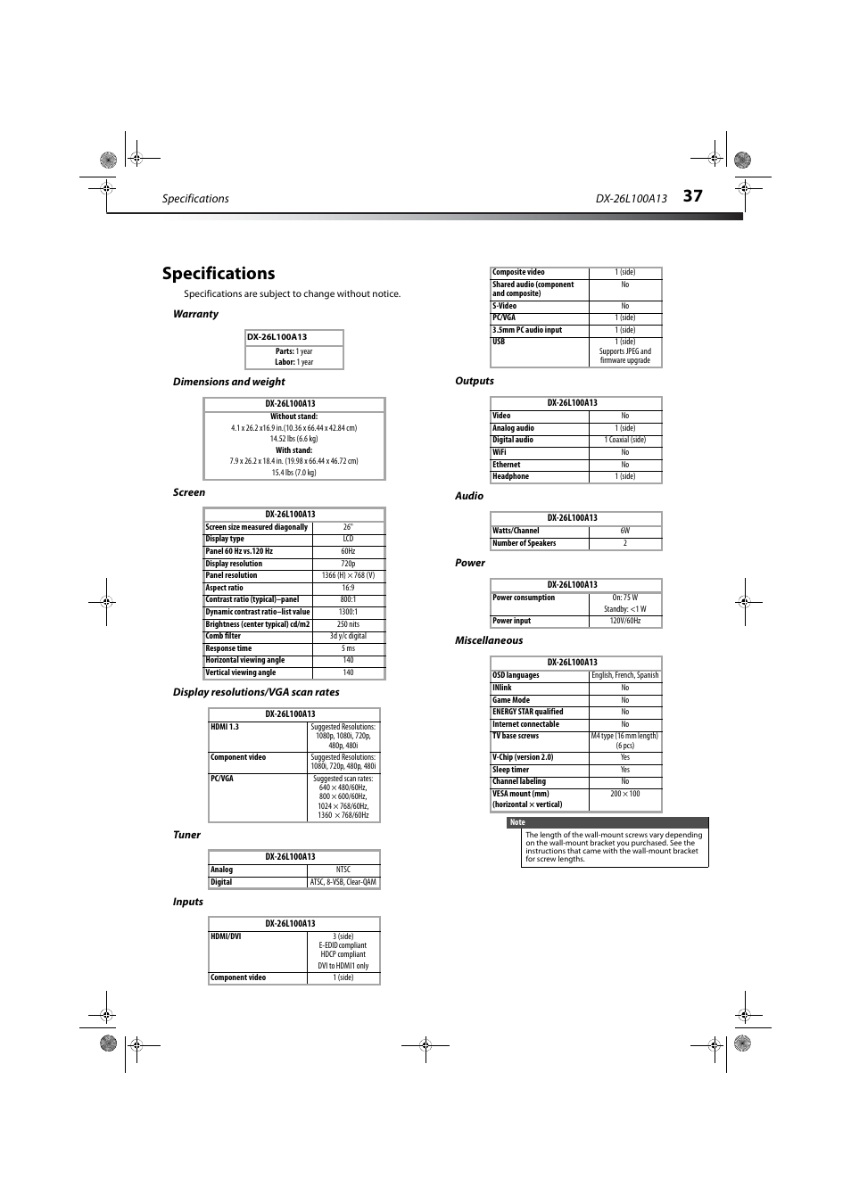 Specifications, Warranty, Dimensions and weight | Screen, Display resolutions/vga scan rates, Tuner, Inputs, Outputs, Audio, Power | Dynex DX-26L100A13 User Manual | Page 41 / 45