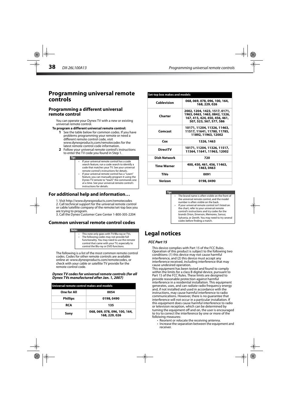 Programming universal remote controls, Programming a different universal remote control, For additional help and information | Common universal remote control codes, Legal notices, Fcc part 15 | Dynex DX-26L100A13 User Manual | Page 42 / 45