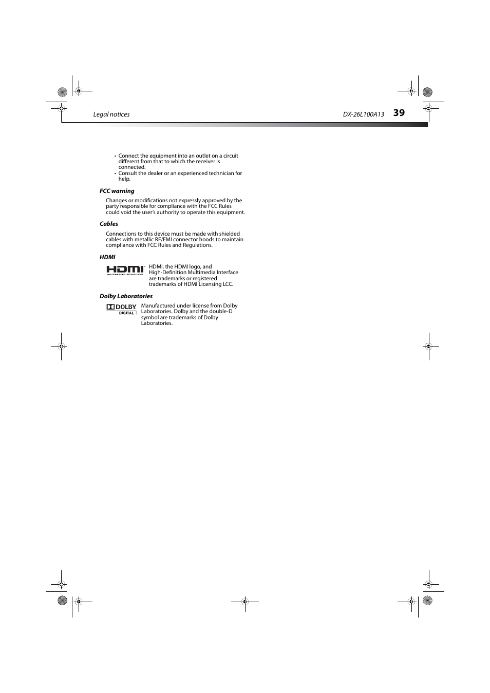 Fcc warning, Cables, Hdmi | Dolby laboratories | Dynex DX-26L100A13 User Manual | Page 43 / 45