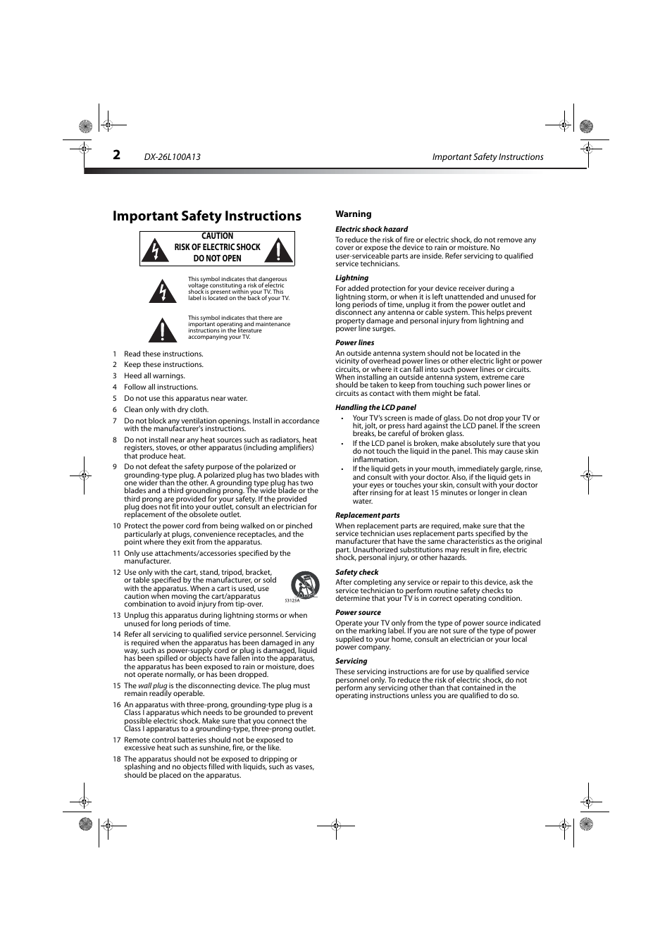 Important safety instructions, Warning, Electric shock hazard | Lightning, Power lines, Handling the lcd panel, Replacement parts, Safety check, Power source, Servicing | Dynex DX-26L100A13 User Manual | Page 6 / 45