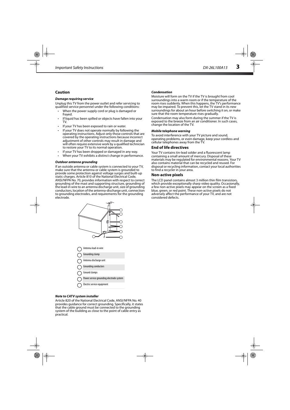 Caution, Damage requiring service, Outdoor antenna grounding | Note to catv system installer, Condensation, Mobile telephone warning | Dynex DX-26L100A13 User Manual | Page 7 / 45