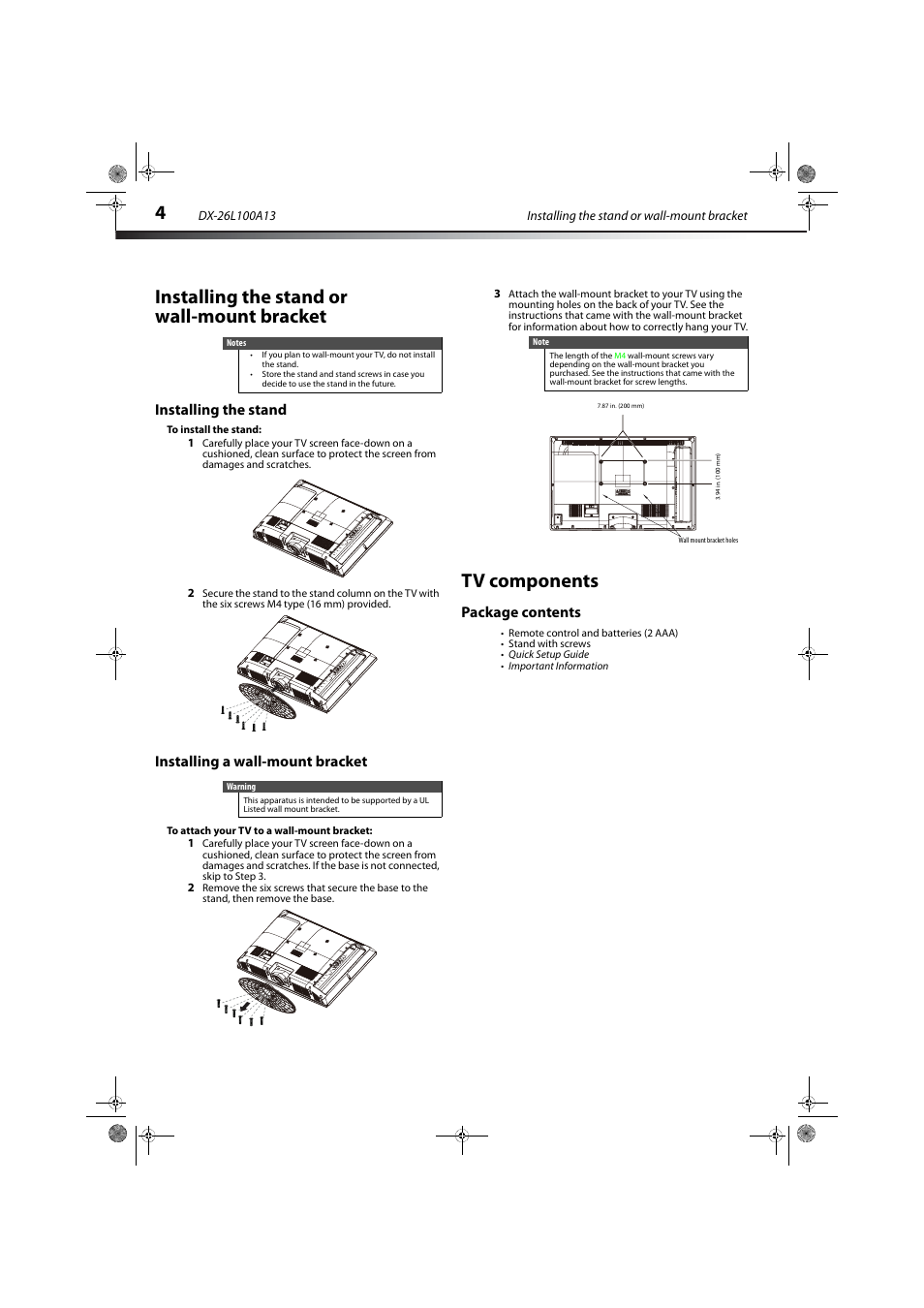 Installing the stand or wall-mount bracket, Installing the stand, Installing a wall-mount bracket | Tv components, Package contents | Dynex DX-26L100A13 User Manual | Page 8 / 45