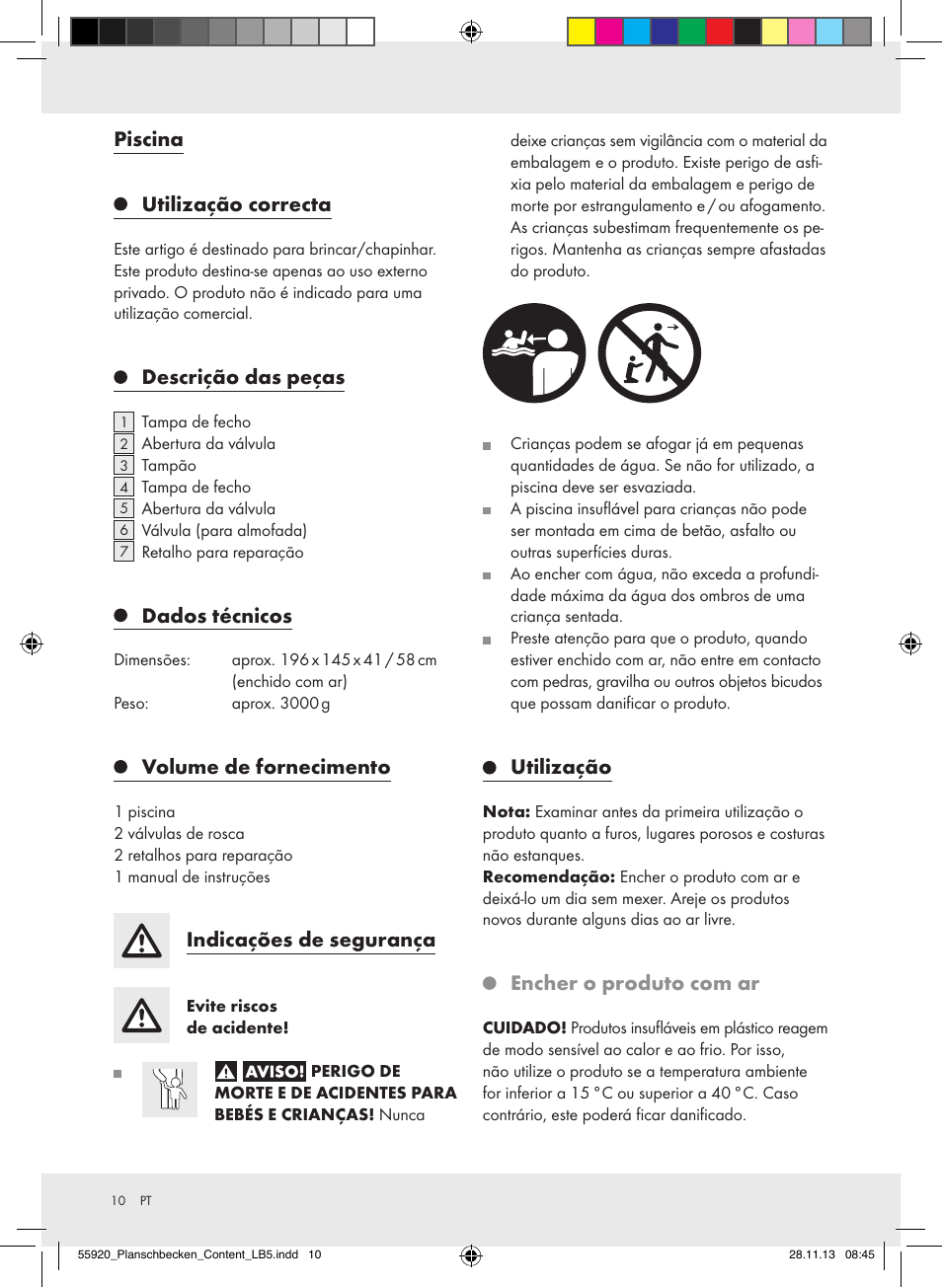 Piscina utilização correcta, Descrição das peças, Dados técnicos | Volume de fornecimento, Indicações de segurança, Utilização, Encher o produto com ar | Crivit Z31953 User Manual | Page 10 / 19