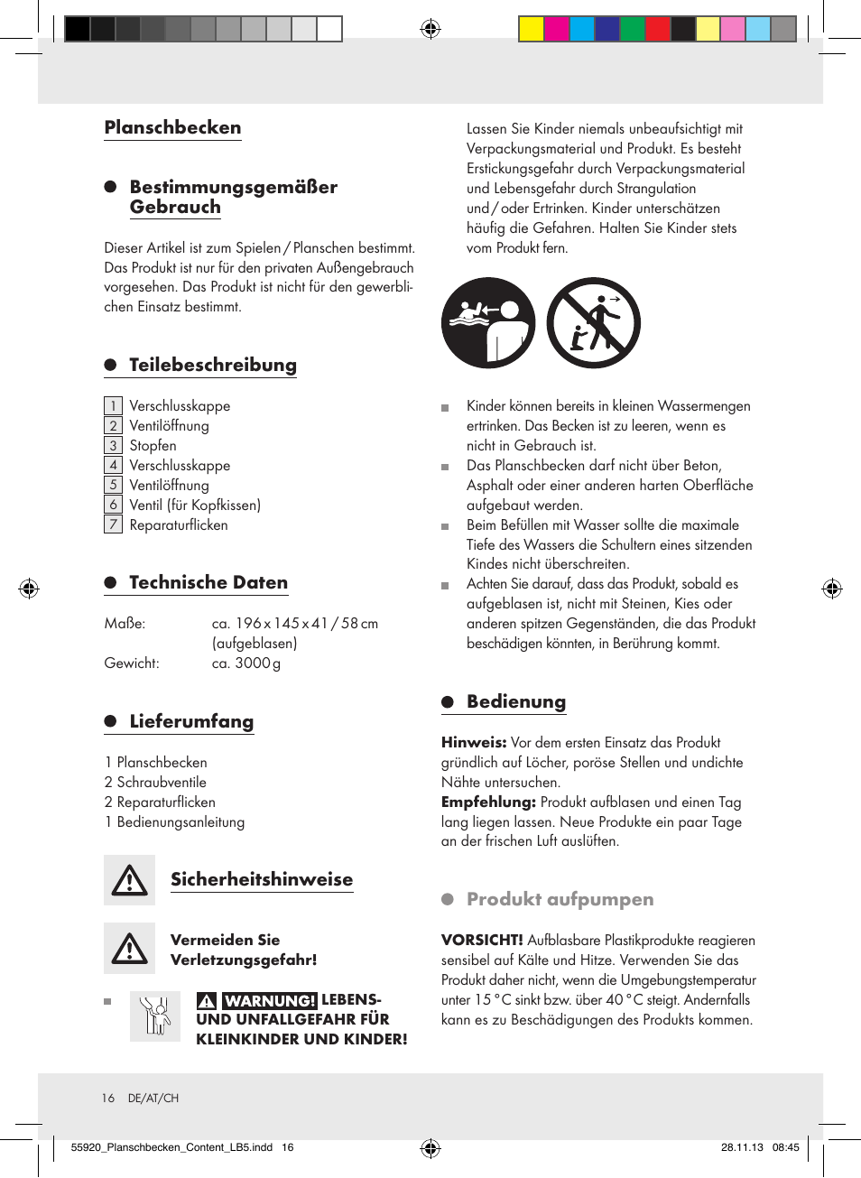 Planschbecken bestimmungsgemäßer gebrauch, Teilebeschreibung, Technische daten | Lieferumfang, Sicherheitshinweise, Bedienung, Produkt aufpumpen | Crivit Z31953 User Manual | Page 16 / 19