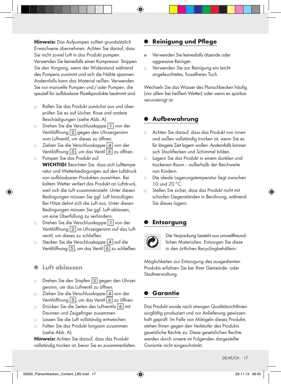 Luft ablassen, Reinigung und pflege, Aufbewahrung | Entsorgung, Garantie | Crivit Z31953 User Manual | Page 17 / 19