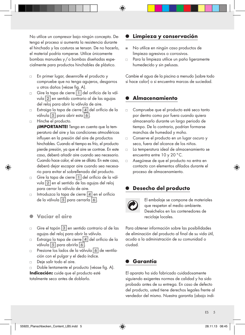 Vaciar el aire, Limpieza y conservación, Almacenamiento | Desecho del producto, Garantía | Crivit Z31953 User Manual | Page 5 / 19