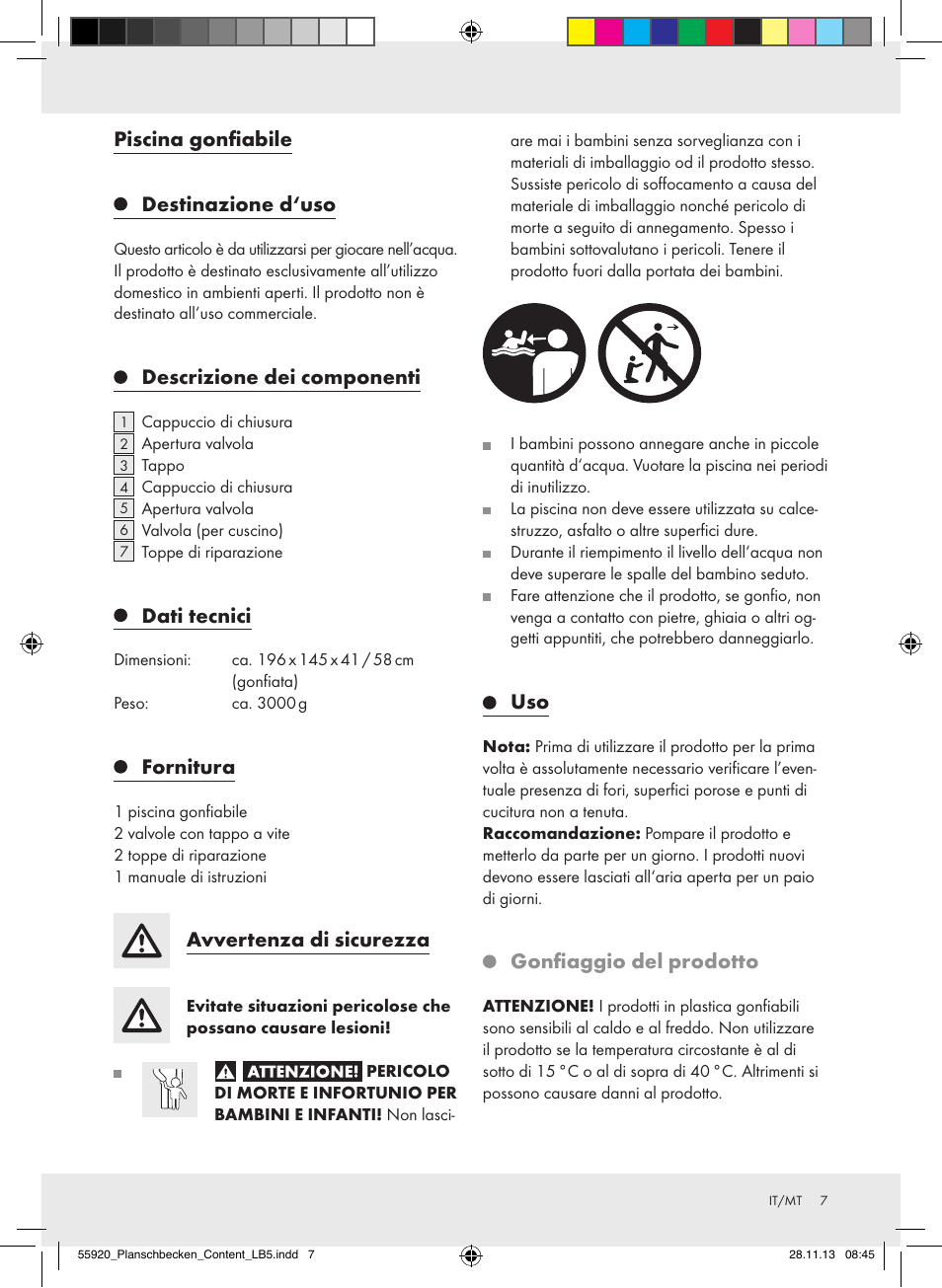 Piscina gonfiabile destinazione d‘uso, Descrizione dei componenti, Dati tecnici | Fornitura, Avvertenza di sicurezza, Gonfiaggio del prodotto | Crivit Z31953 User Manual | Page 7 / 19