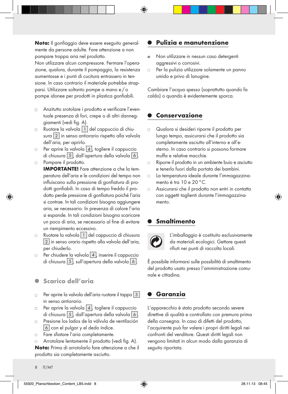 Scarico dell’aria, Pulizia e manutenzione, Conservazione | Smaltimento, Garanzia | Crivit Z31953 User Manual | Page 8 / 19