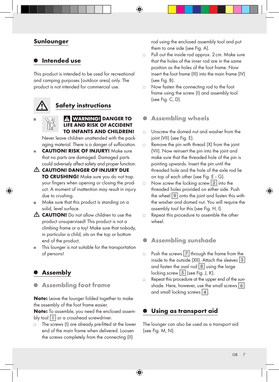 Sunlounger intended use, Safety instructions, Assembly assembling foot frame | Assembling wheels, Assembling sunshade, Using as transport aid | Crivit Z31147 User Manual | Page 7 / 21