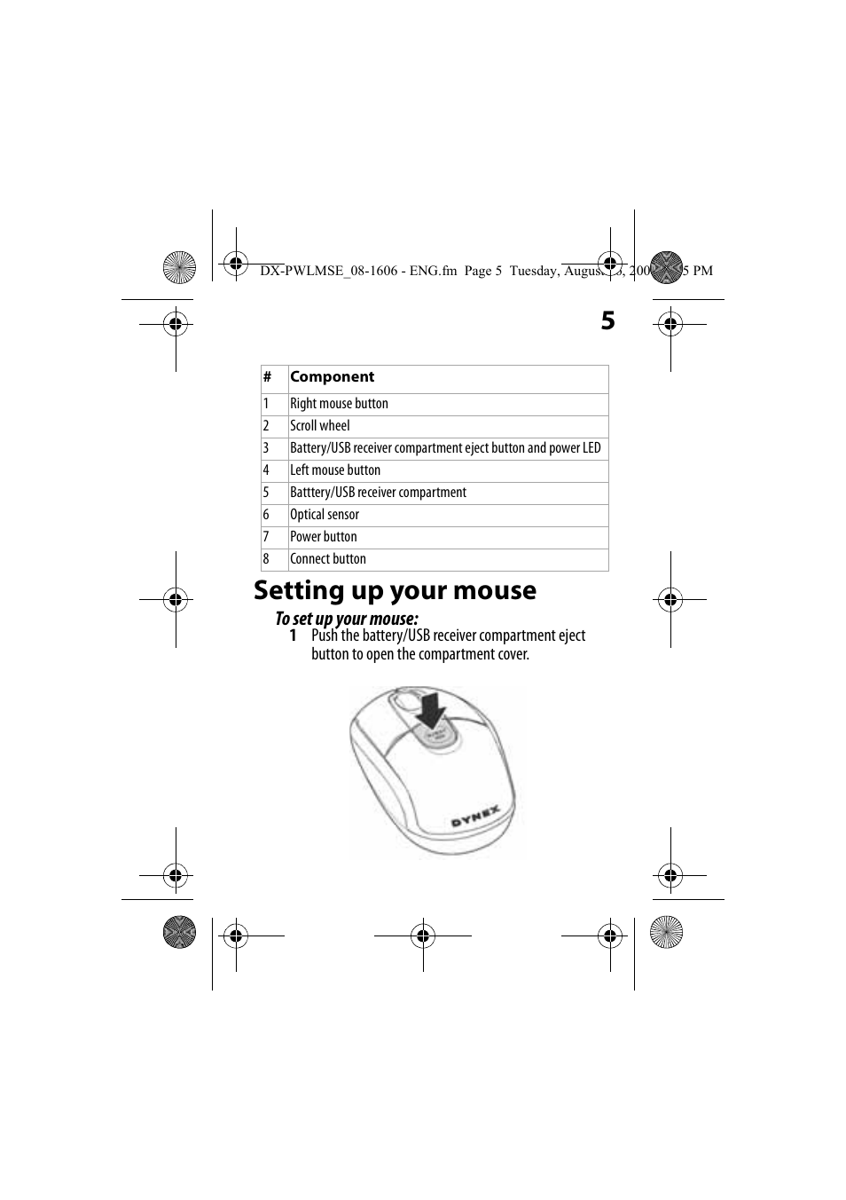 Setting up your mouse, 5setting up your mouse | Dynex DX-PWLMSE User Manual | Page 5 / 16