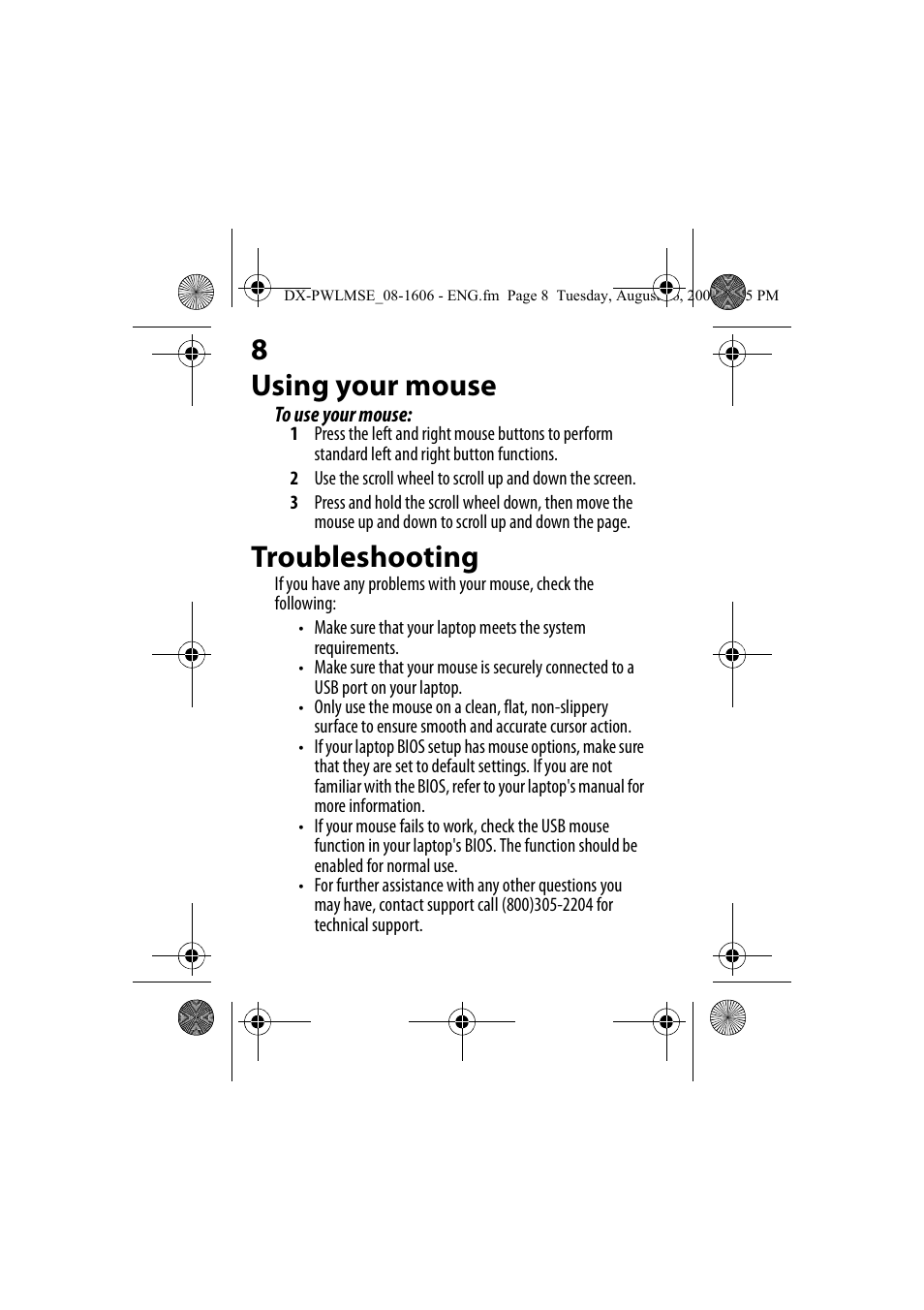 Using your mouse, Troubleshooting, Using your mouse troubleshooting | 8 using your mouse | Dynex DX-PWLMSE User Manual | Page 8 / 16