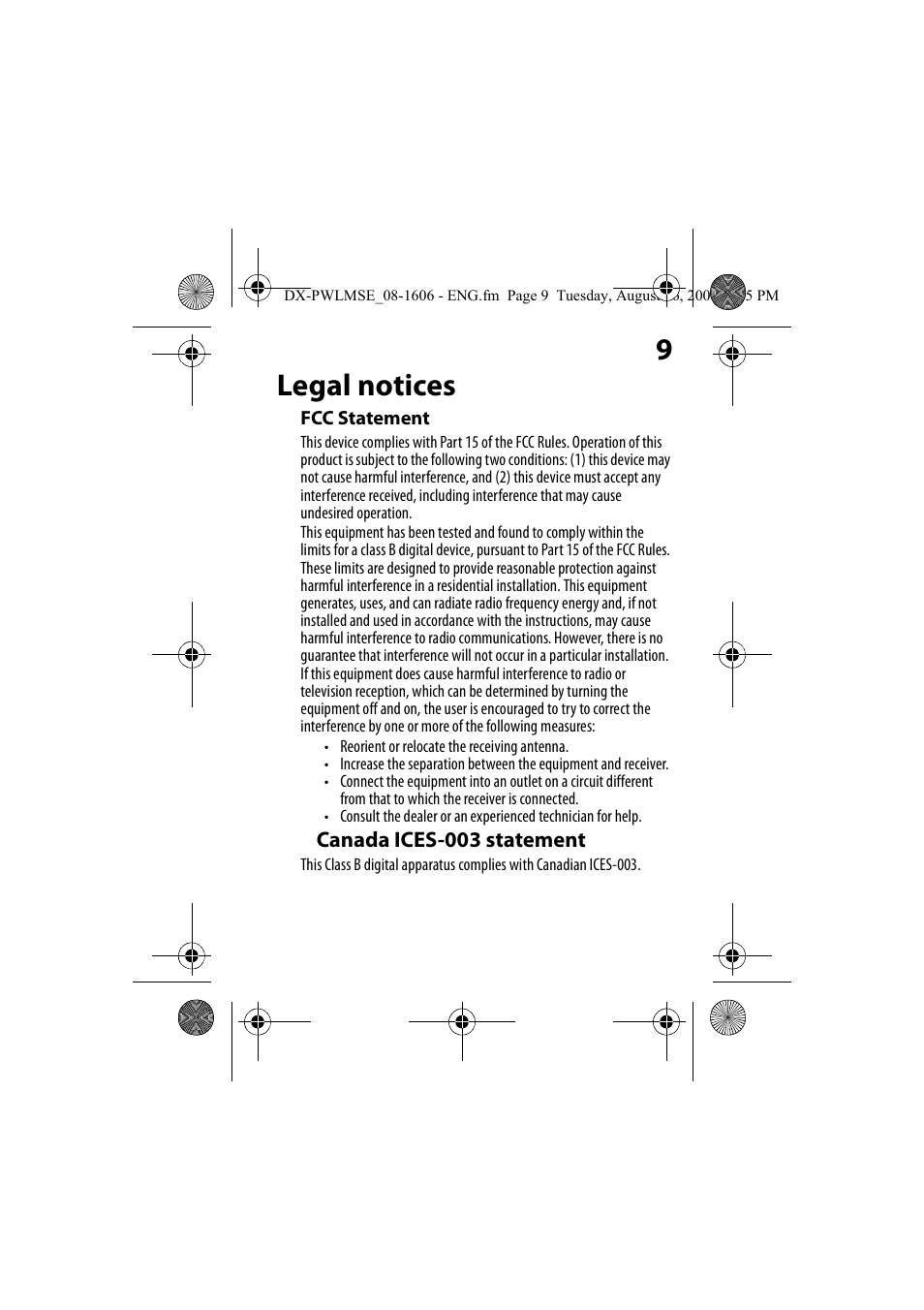 Legal notices, Fcc statement, Canada ices-003 statement | 9legal notices | Dynex DX-PWLMSE User Manual | Page 9 / 16