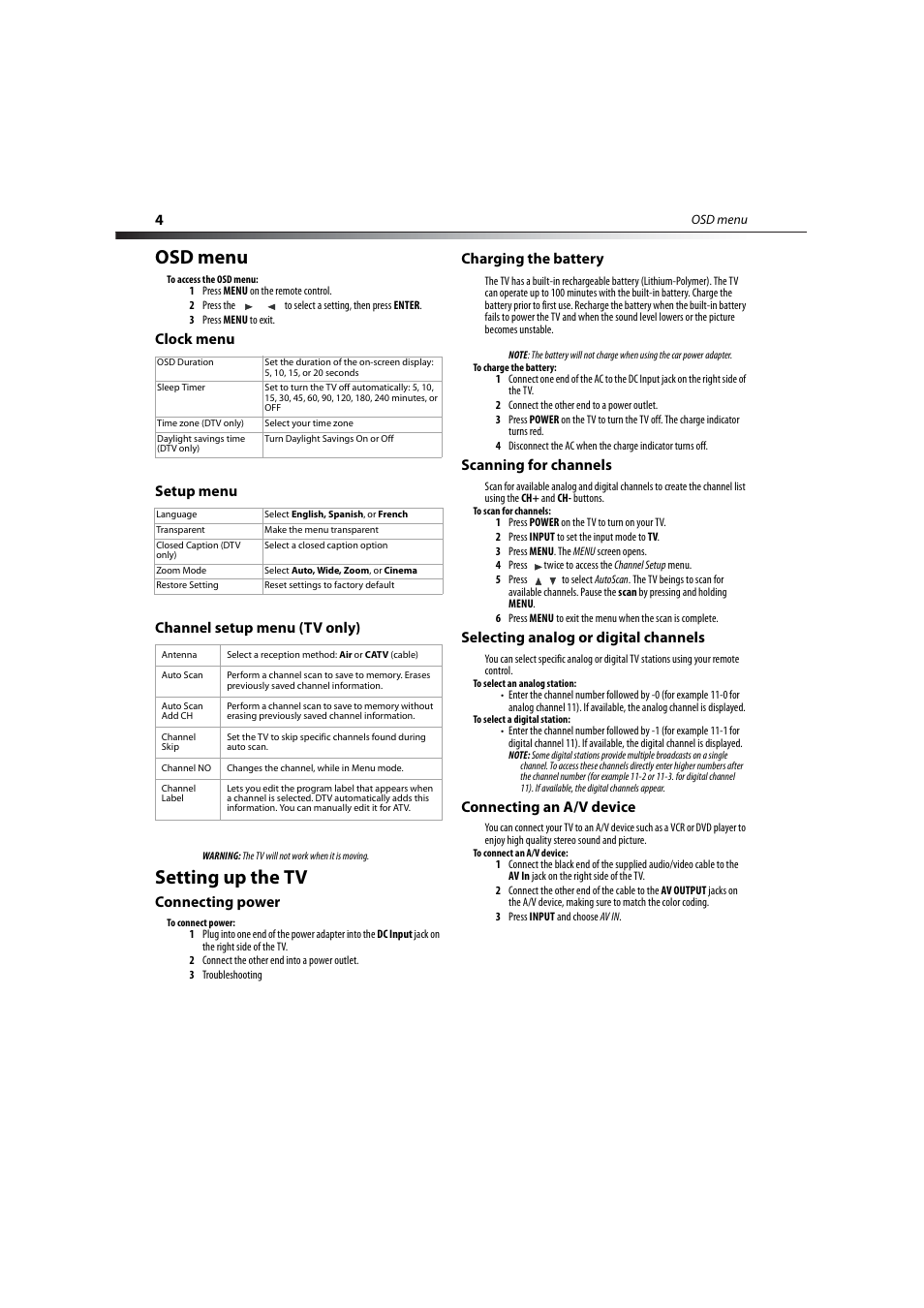 Osd menu, Clock menu, Setup menu | Channel setup menu (tv only), Setting up the tv, Connecting power, Charging the battery, Scanning for channels, Selecting analog or digital channels, Connecting an a/v device | Dynex DX-7HTV-09 User Manual | Page 4 / 12