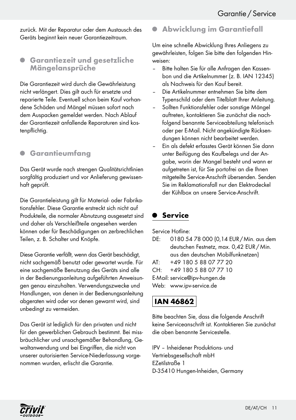 Garantie / service, Garantiezeit und gesetzliche mängelansprüche, Garantieumfang | Abwicklung im garantiefall, Service | Crivit REK 230 C2 User Manual | Page 10 / 44