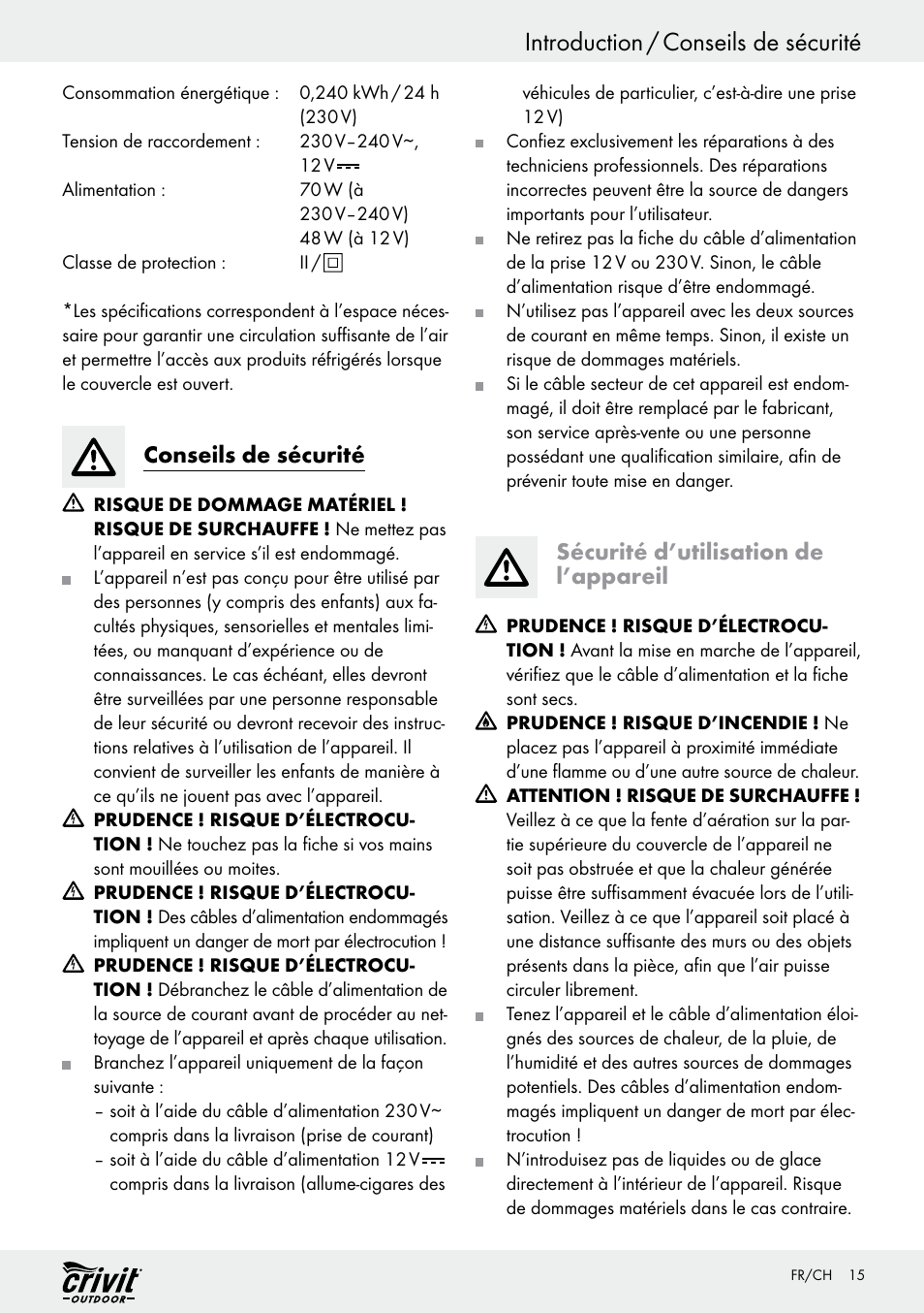 Introduction / conseils de sécurité, Conseils de sécurité, Sécurité d’utilisation de l’appareil | Crivit REK 230 C2 User Manual | Page 14 / 44