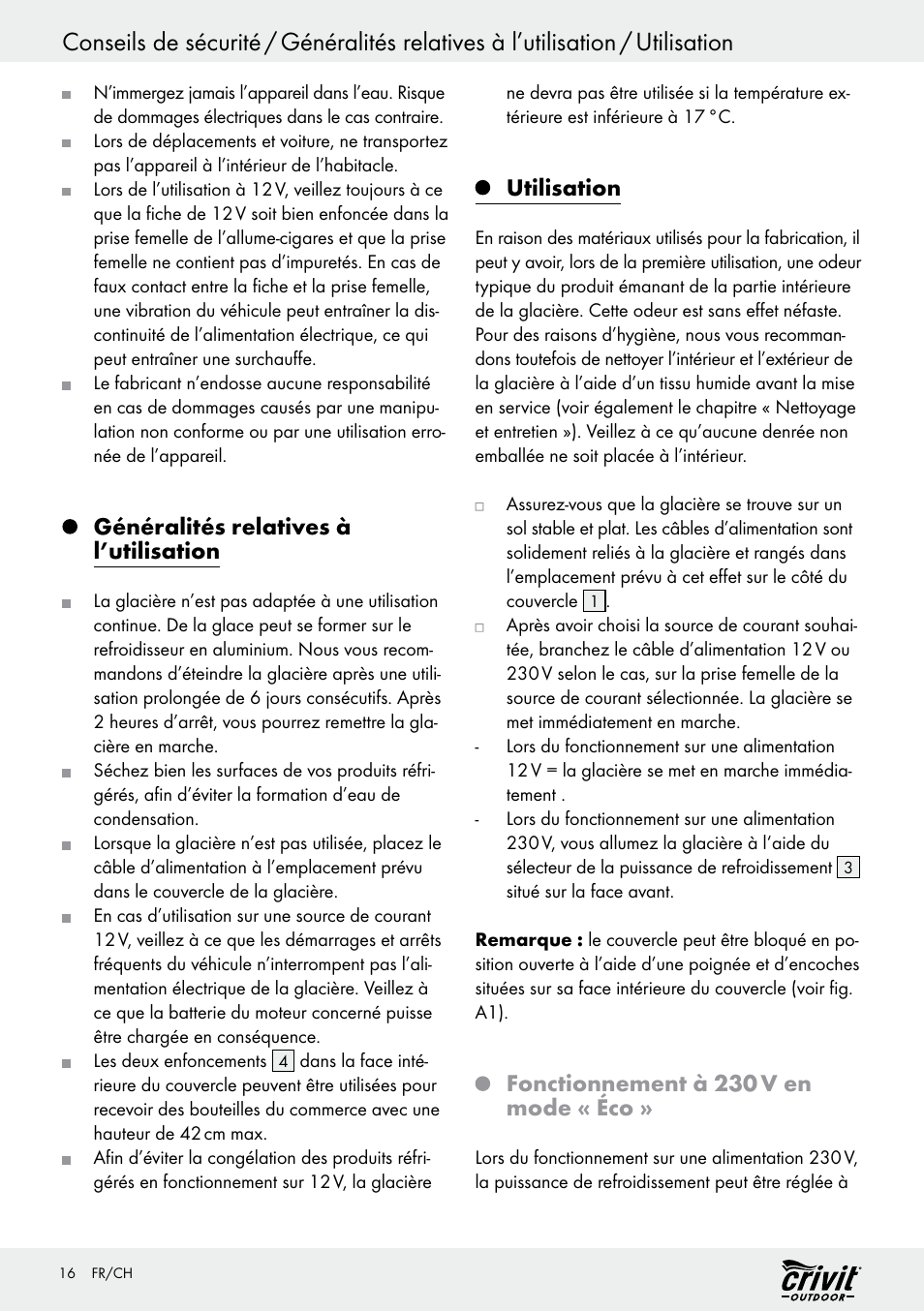 Généralités relatives à l’utilisation, Utilisation, Fonctionnement à 230 v en mode « éco | Crivit REK 230 C2 User Manual | Page 15 / 44