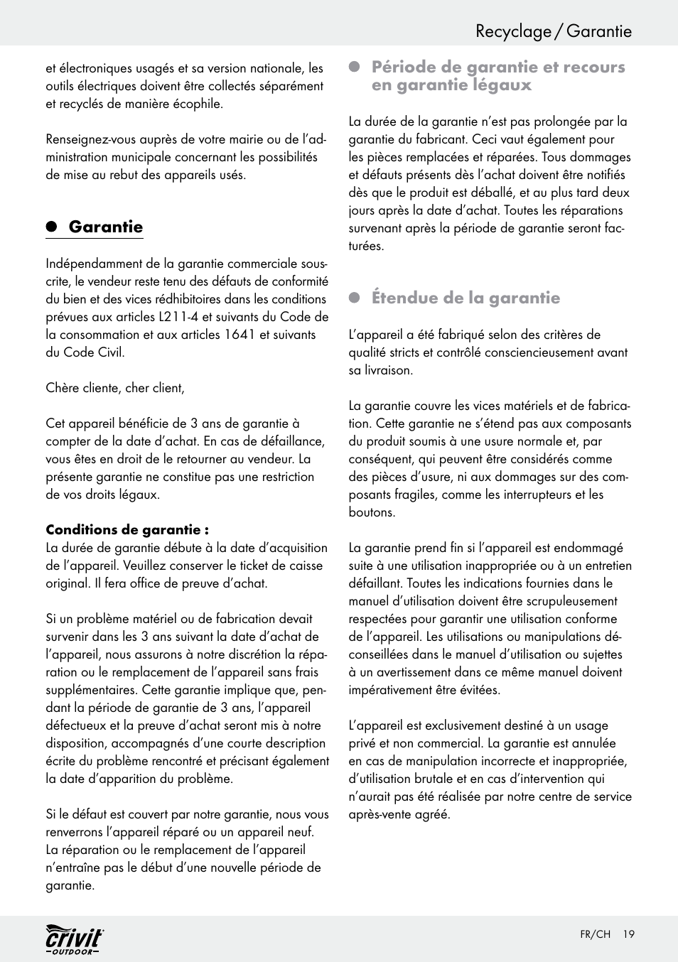 Recyclage / garantie, Garantie, Période de garantie et recours en garantie légaux | Étendue de la garantie | Crivit REK 230 C2 User Manual | Page 18 / 44