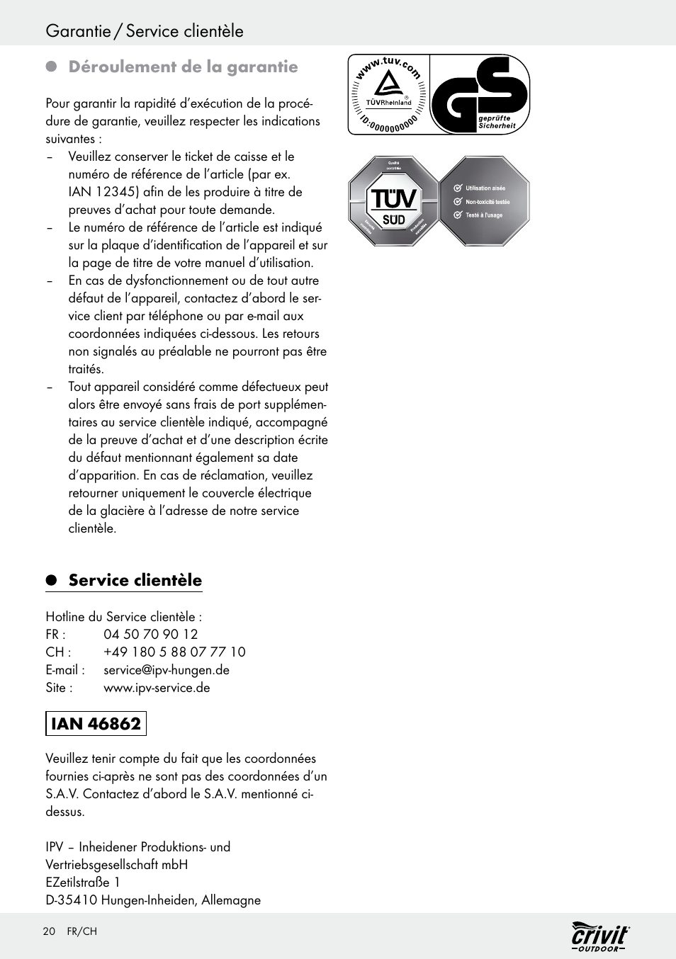 Garantie / service clientèle, Déroulement de la garantie, Service clientèle | Crivit REK 230 C2 User Manual | Page 19 / 44