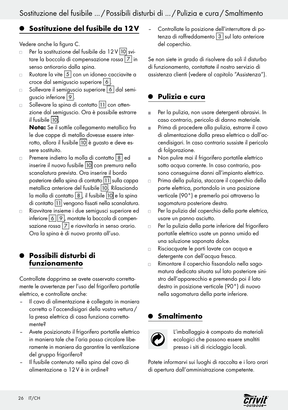 Sostituzione del fusibile da 12 v, Possibili disturbi di funzionamento, Pulizia e cura | Smaltimento | Crivit REK 230 C2 User Manual | Page 25 / 44