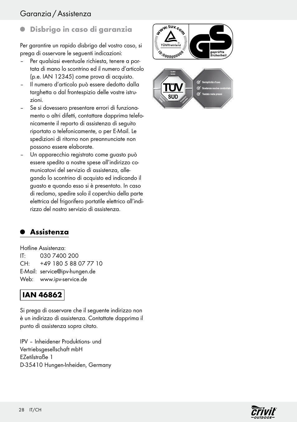 Garanzia / assistenza, Disbrigo in caso di garanzia, Assistenza | Crivit REK 230 C2 User Manual | Page 27 / 44